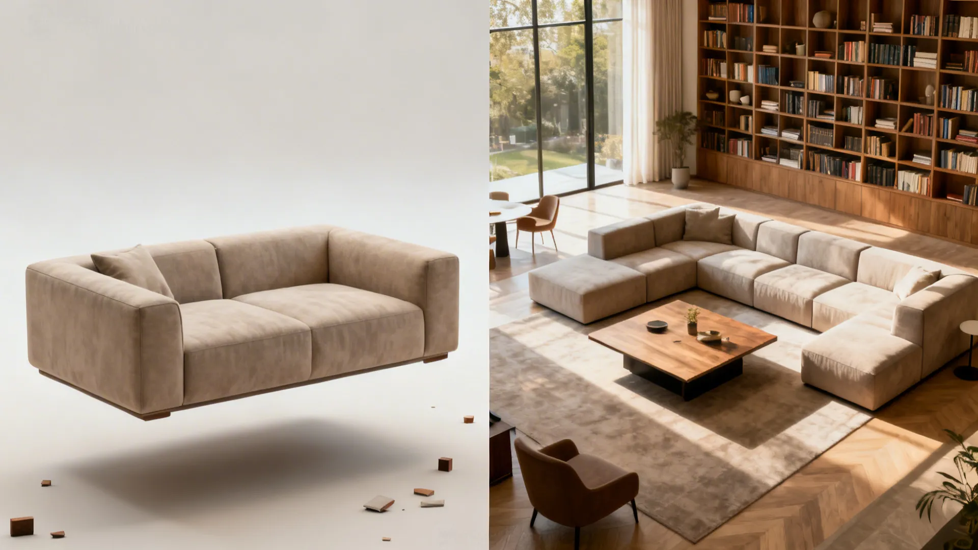 Before-and-after showing underscaled furniture replaced by a large sectional and oversized table.