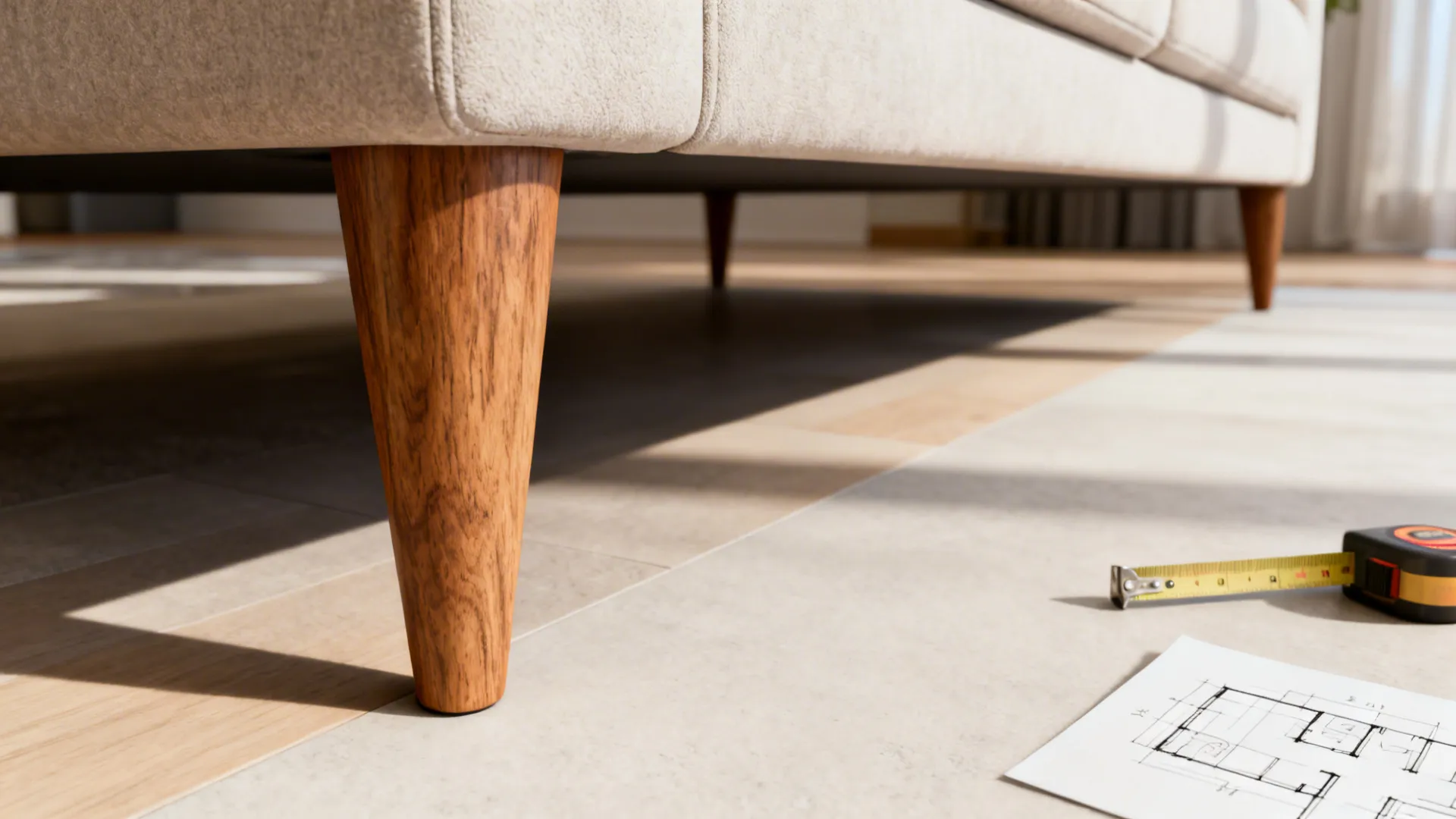 Close-up of wooden sofa legs with measuring tape and interior design drawing on the floor