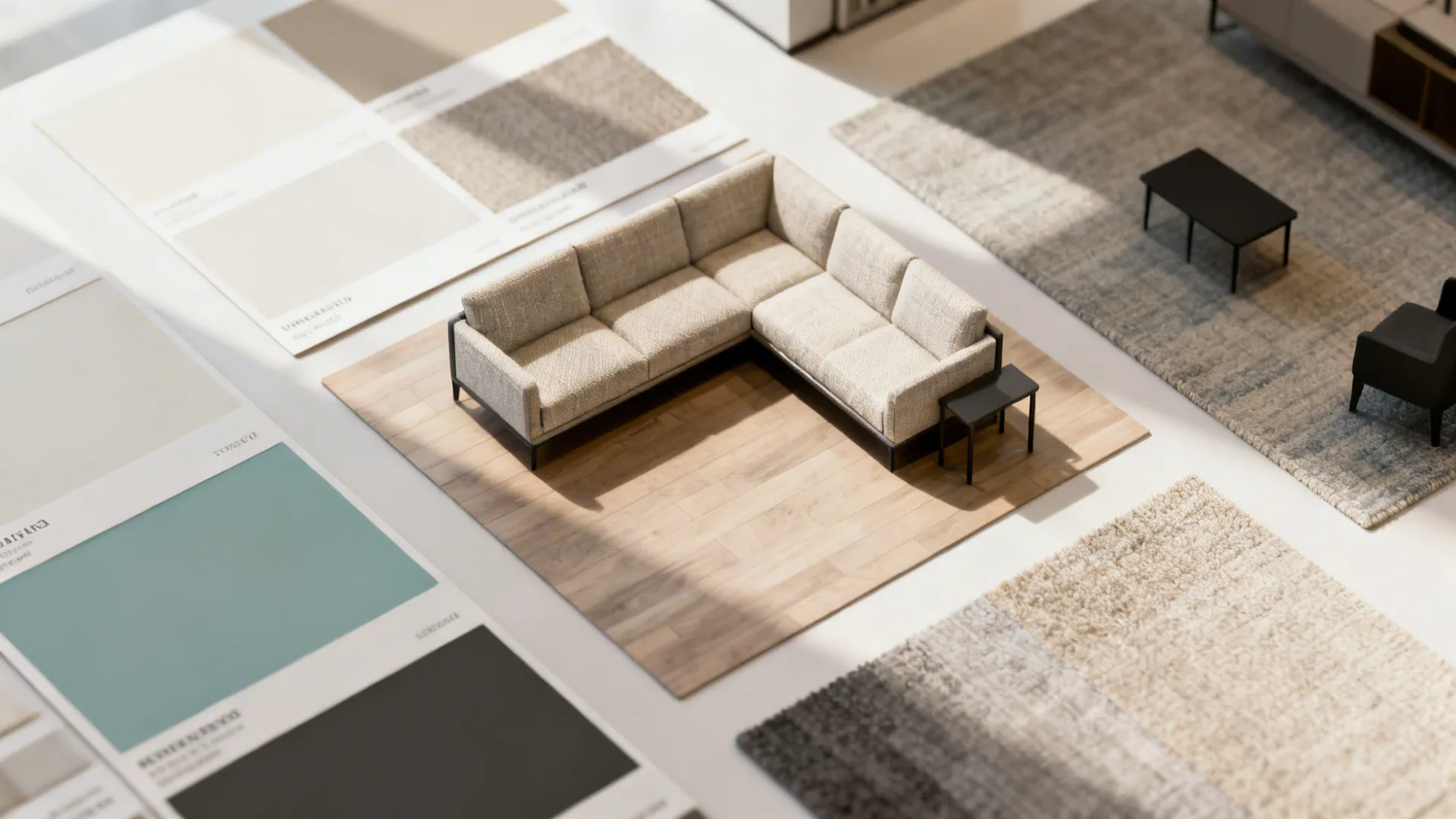 Moodboard of paint swatches, fabric samples and small-scale furniture silhouettes for a compact living room