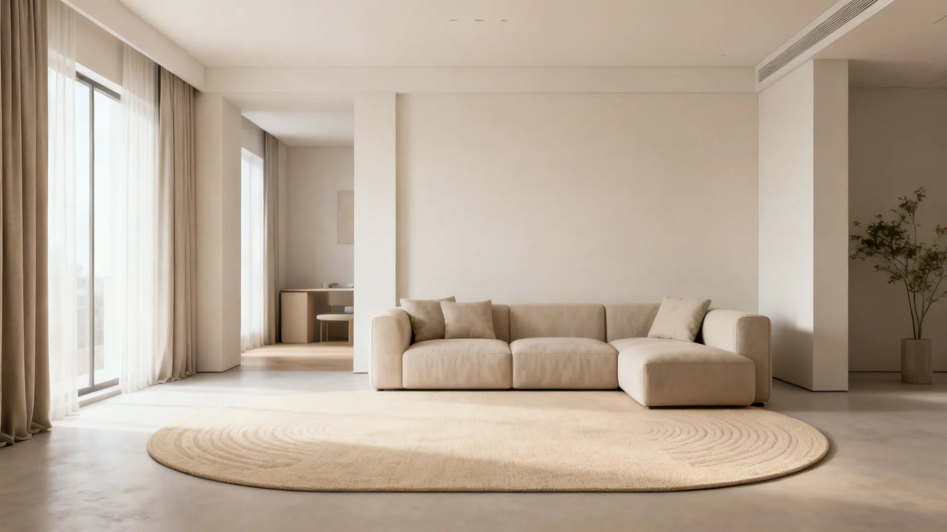 Small living room with a large sandy-beige oval rug expanding perceived space