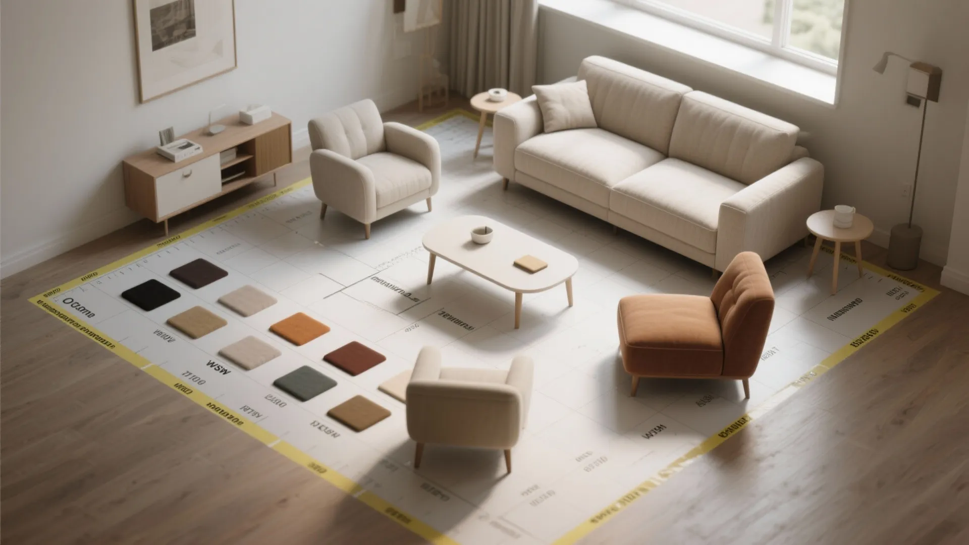 Interior design drawing showing furniture layout with sofa coffee table and colorful fabric swatches samples