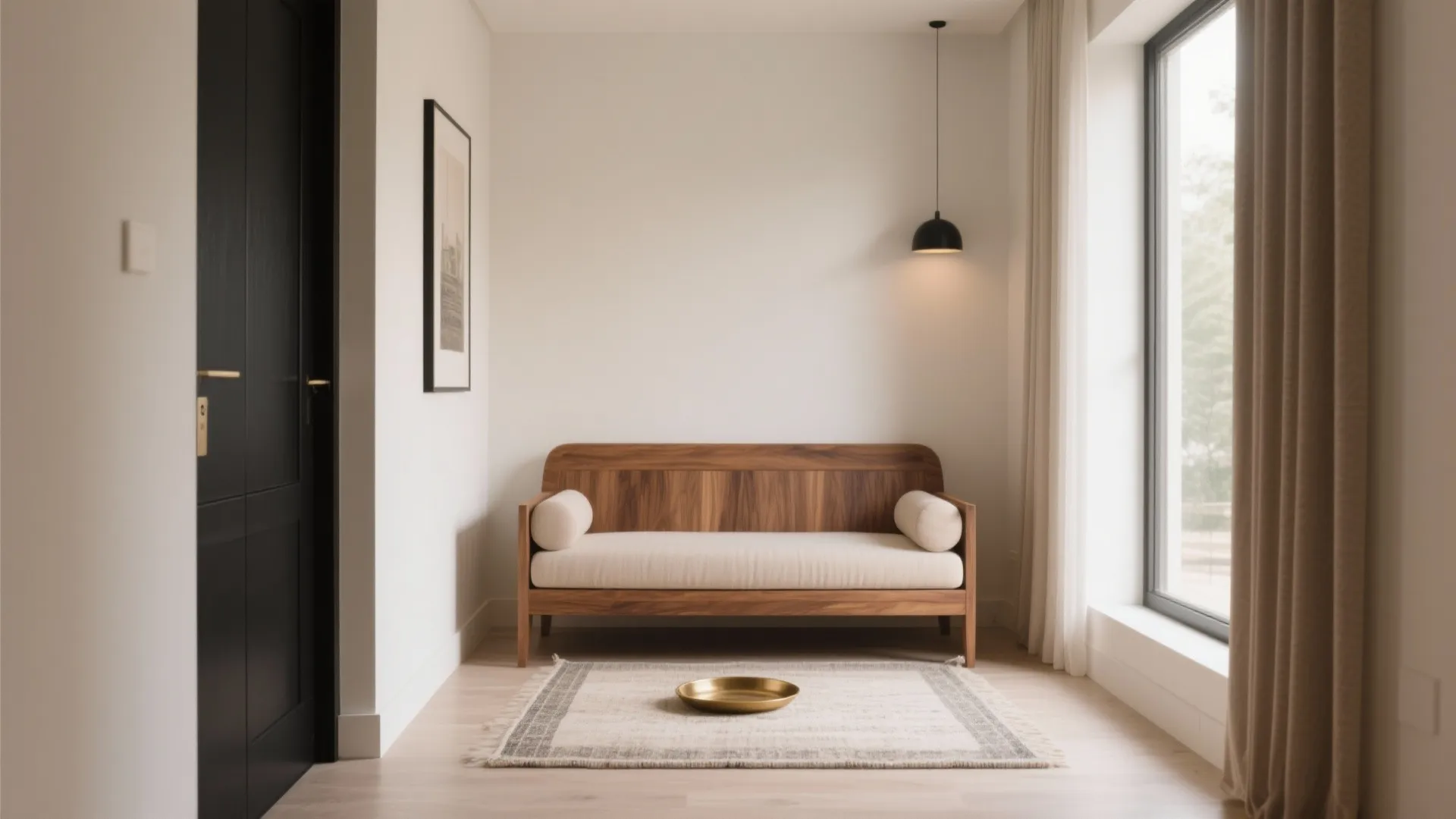 Low-height diwan framed by a deeper wall tone and a light rug in a small hall.