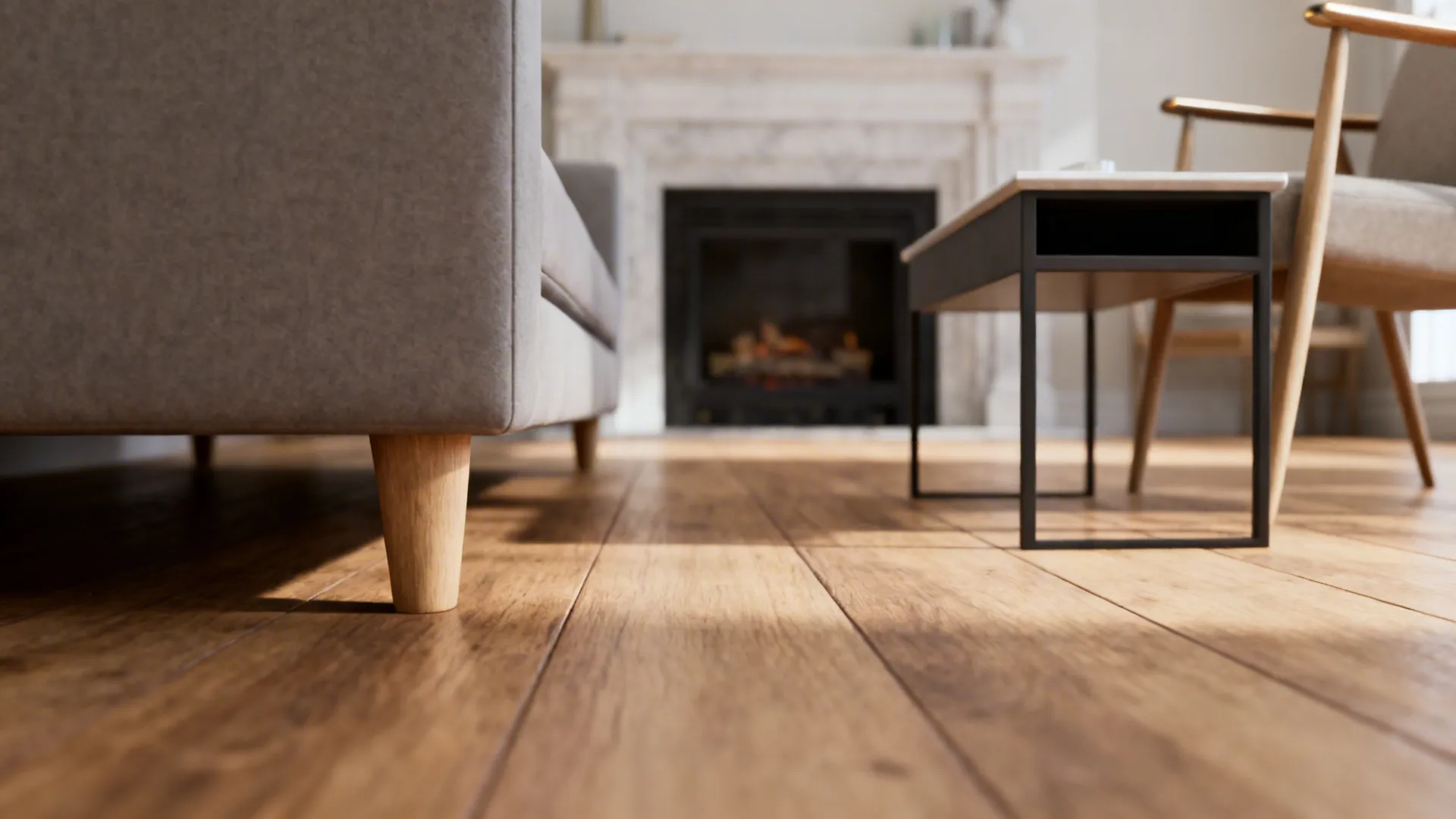 Scale comparison details showing low-profile furniture and sightlines toward a fireplace