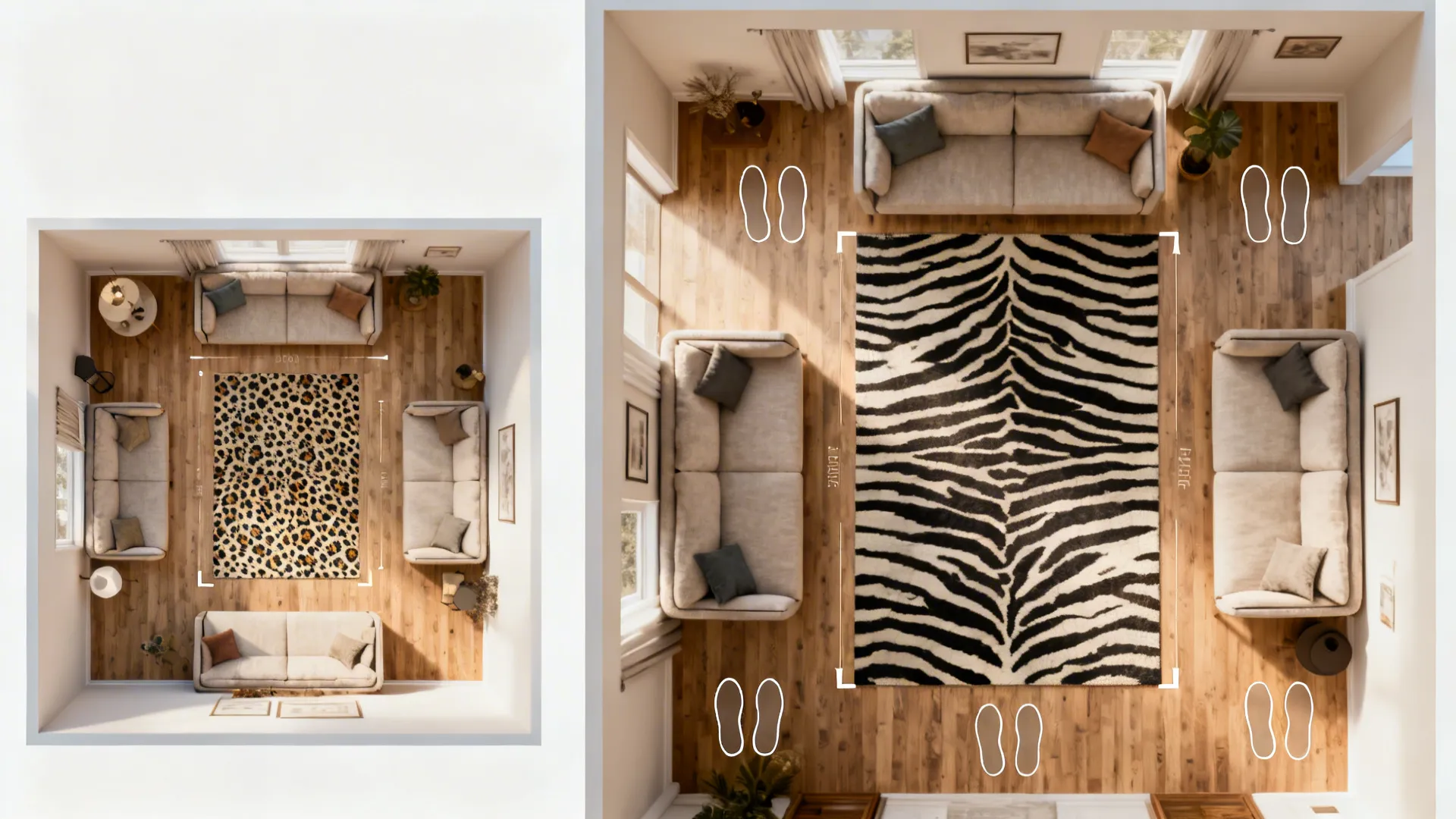 Top-down comparison of small-scale leopard rug in a studio and large zebra rug in an open-plan living room.