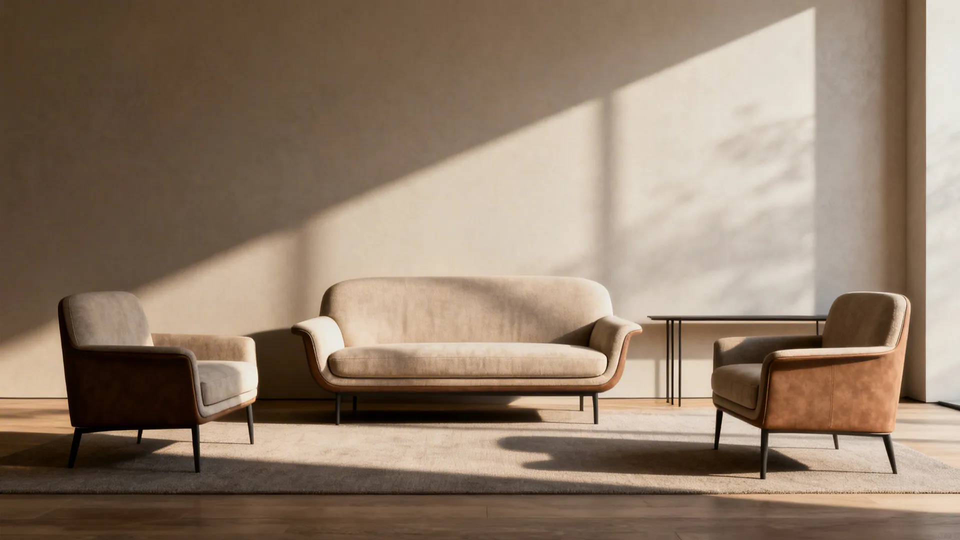 Living room showing a statement loveseat balanced with compact armchairs and a slim console for smart scale.