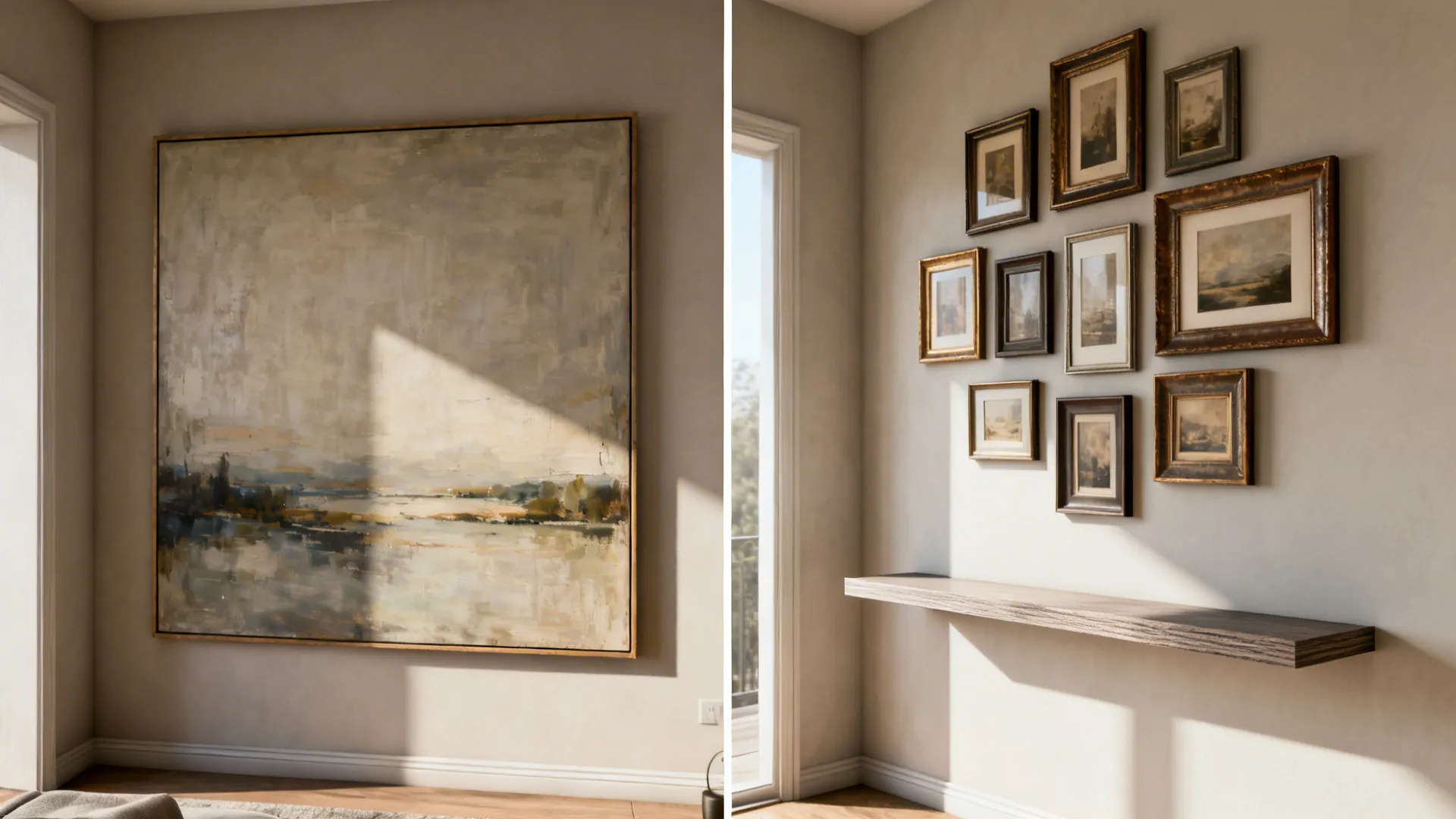 Before and after: oversized painting replaced by balanced gallery wall in a small living room