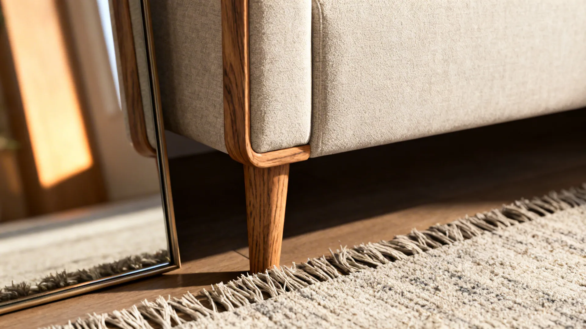 Close-up of narrow sofa arm, exposed legs and rug showing small-space scale cues.