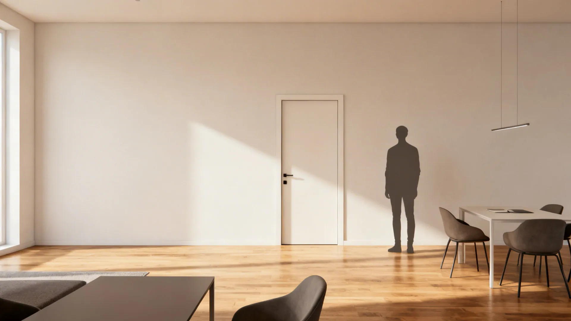 2-point perspective room with a standard door and one human figure to anchor scale.