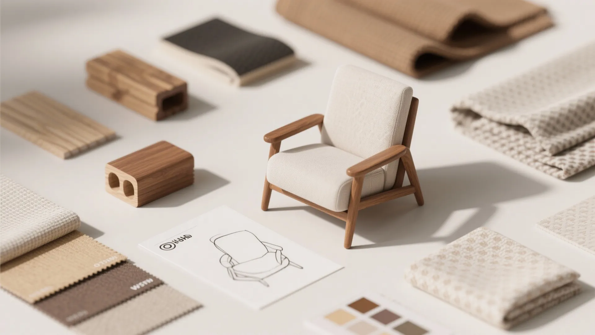 Miniature white sofa model surrounded by various fabric samples wood pieces and interior design drawing