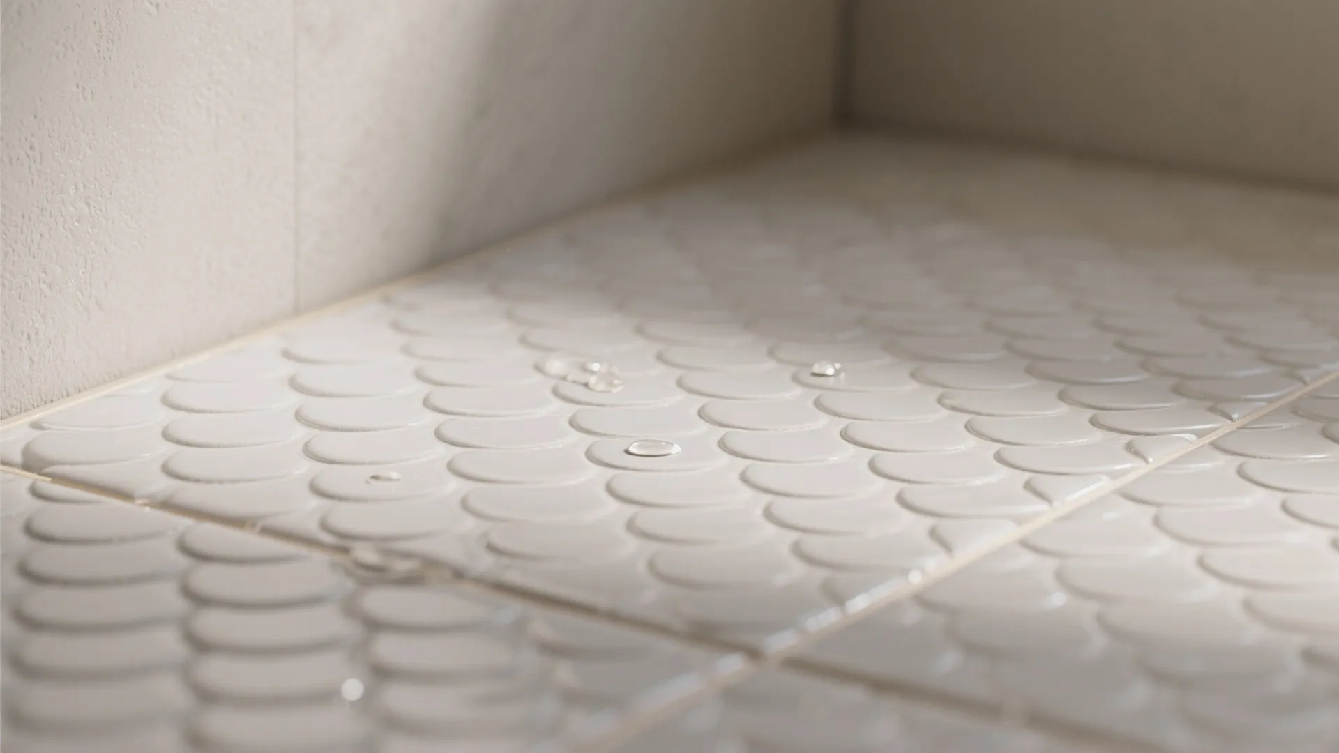 Macro detail of matte porcelain fish-scale floor tiles with mid-tone grout and subtle texture.