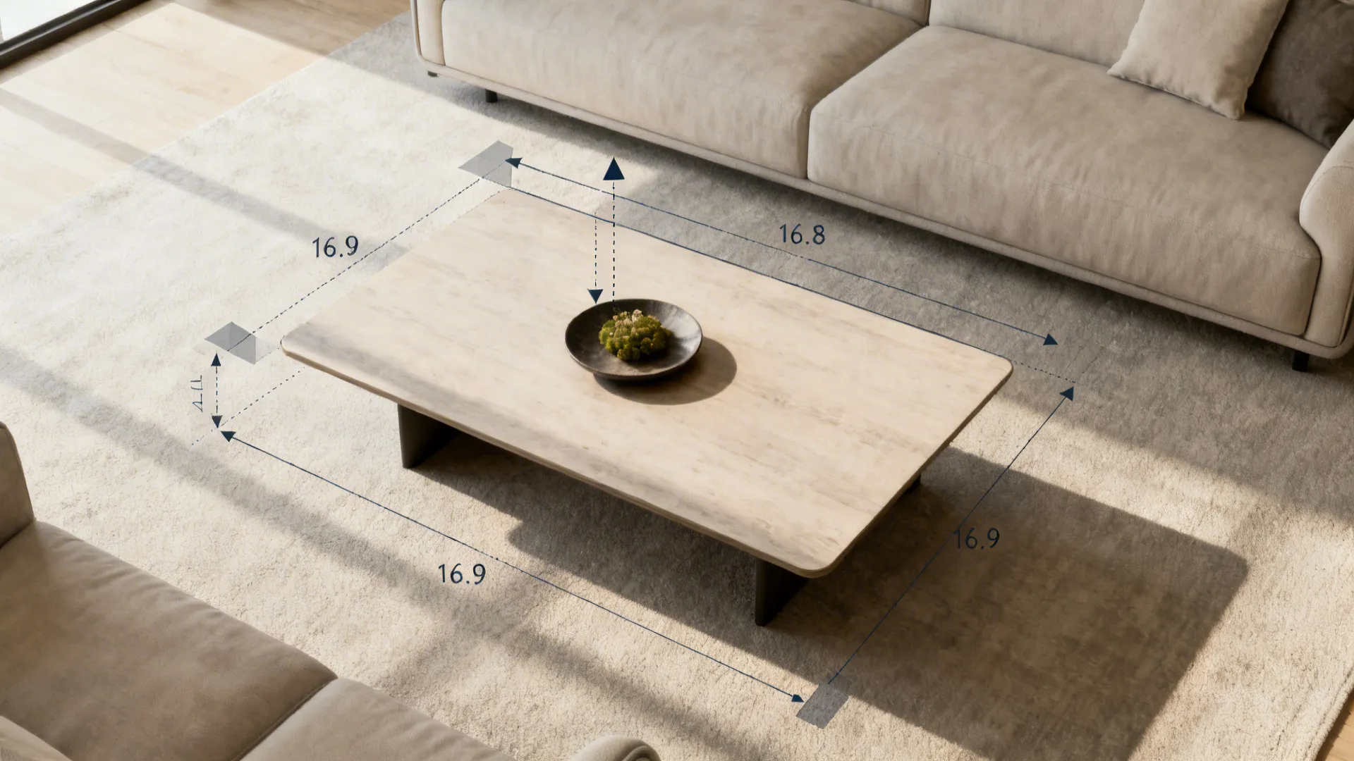 Floor plan mockup showing coffee table centerpiece occupying one-third of the table footprint