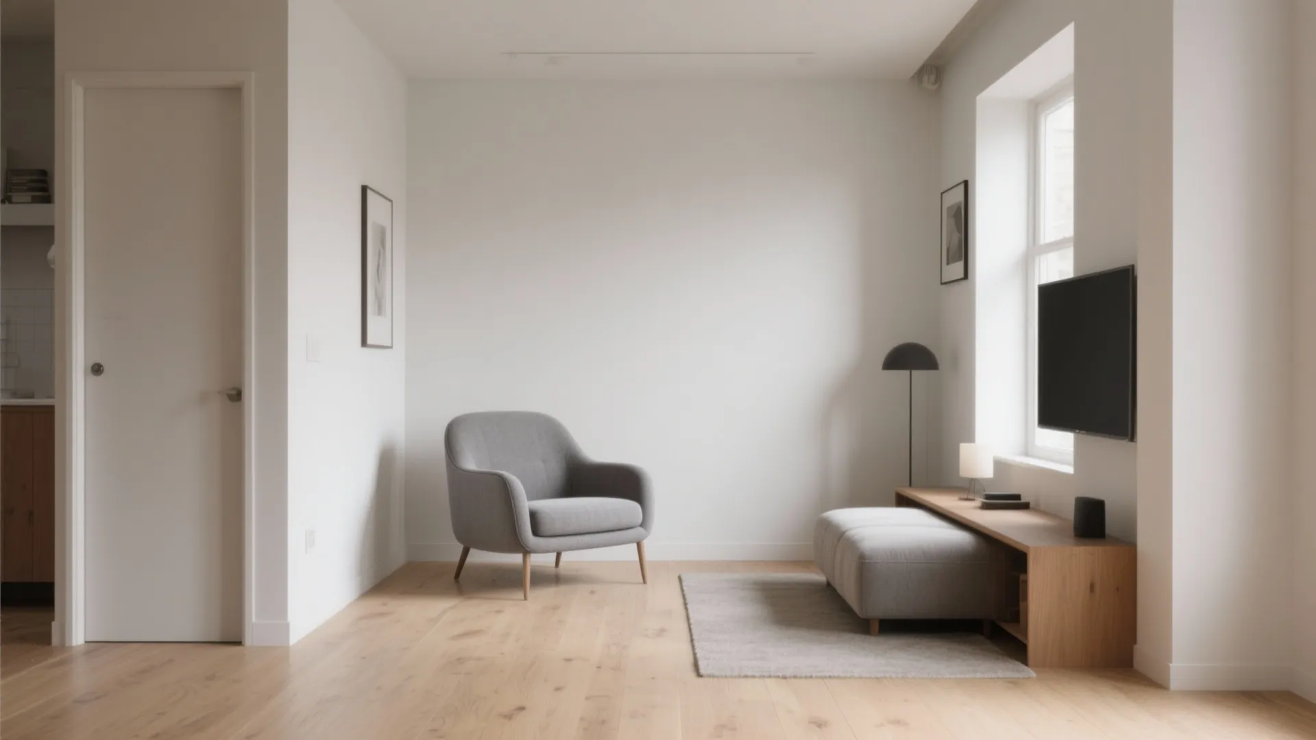 Minimalist living room with grey chair wooden cabinet television white walls and light wood flooring