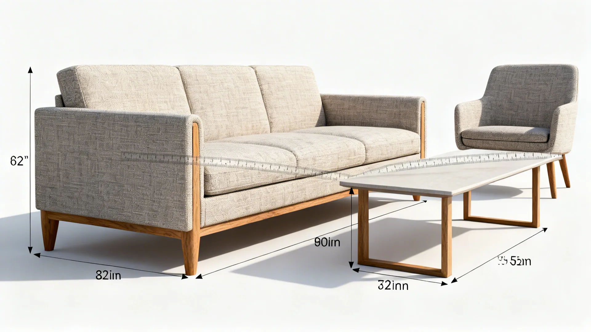Compact sofa, armless chair and slim coffee table arranged with clear circulation space.