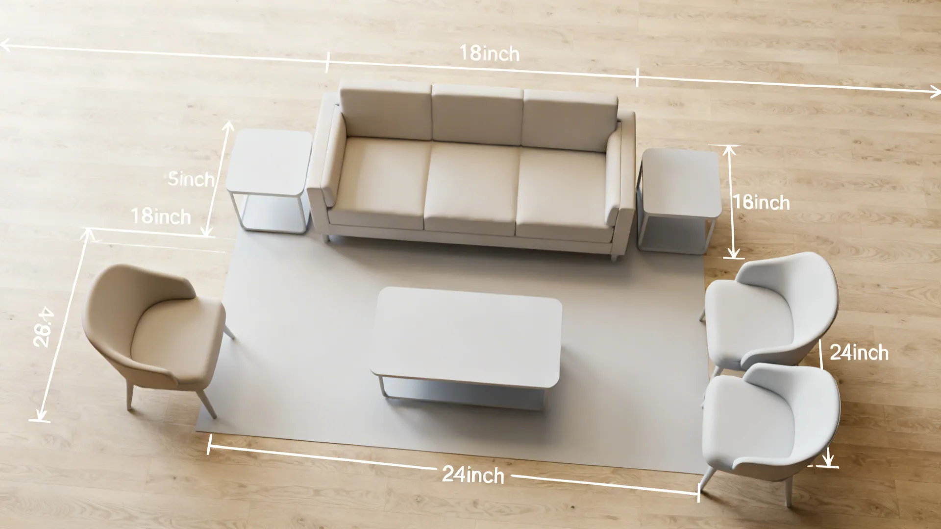 Top down interior design drawing showing sofa chairs rug and white lines for room measurement