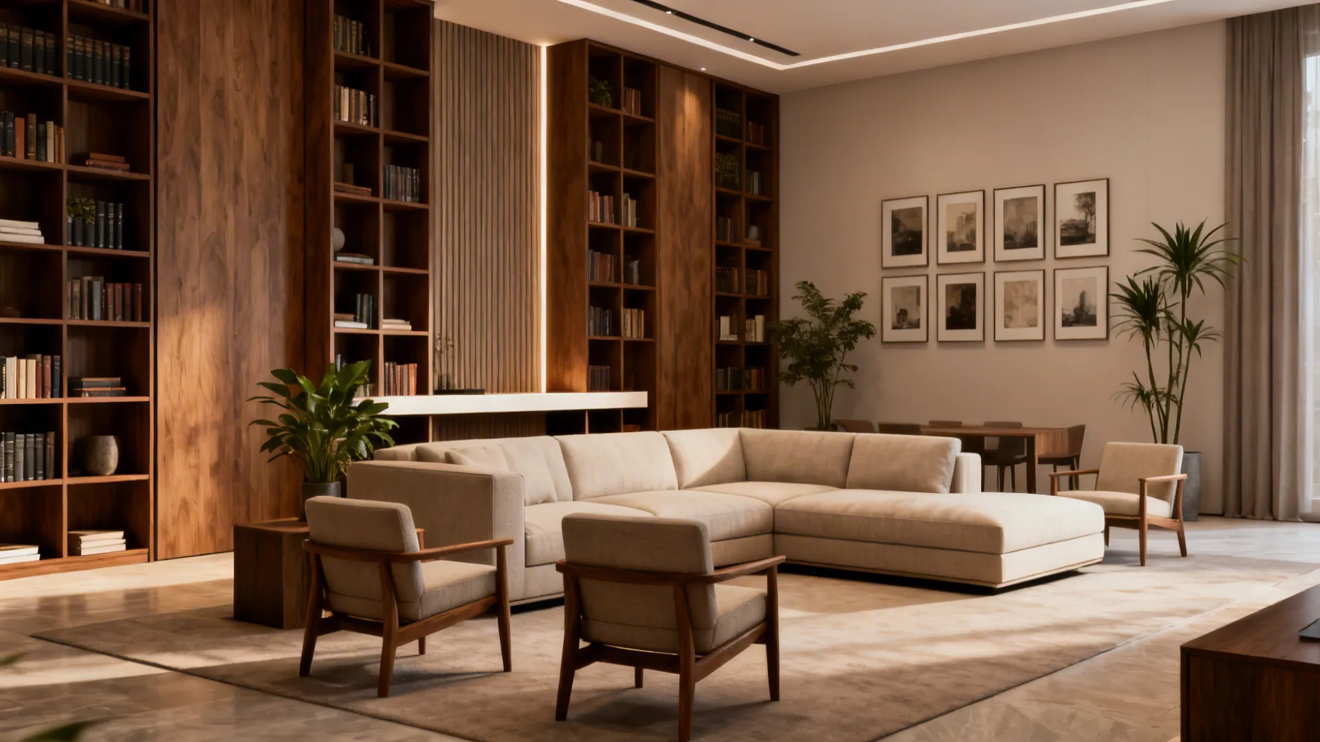 Large living room demonstrating purposeful furniture scale: sectional, slim chairs, console, and tall bookcases.