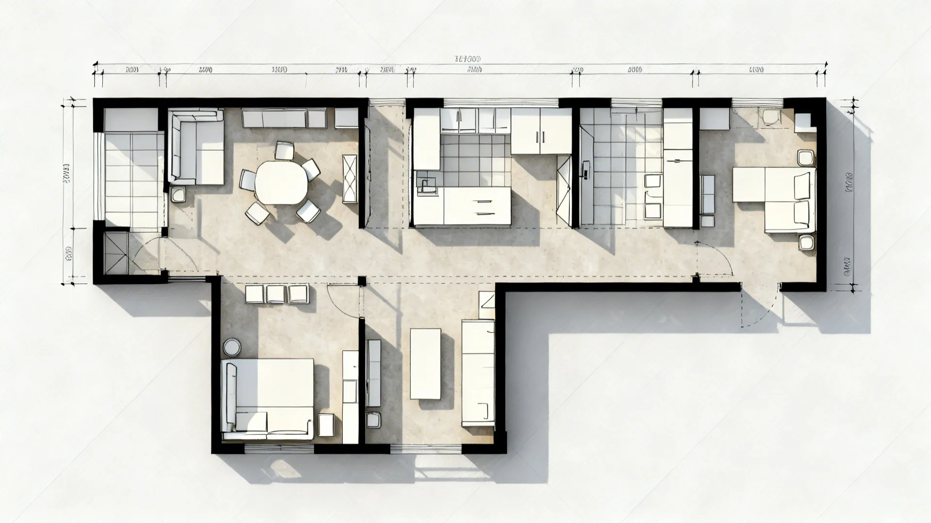 Top-down scaled plan with grid guides and furniture blocks testing L-shaped and galley layouts.