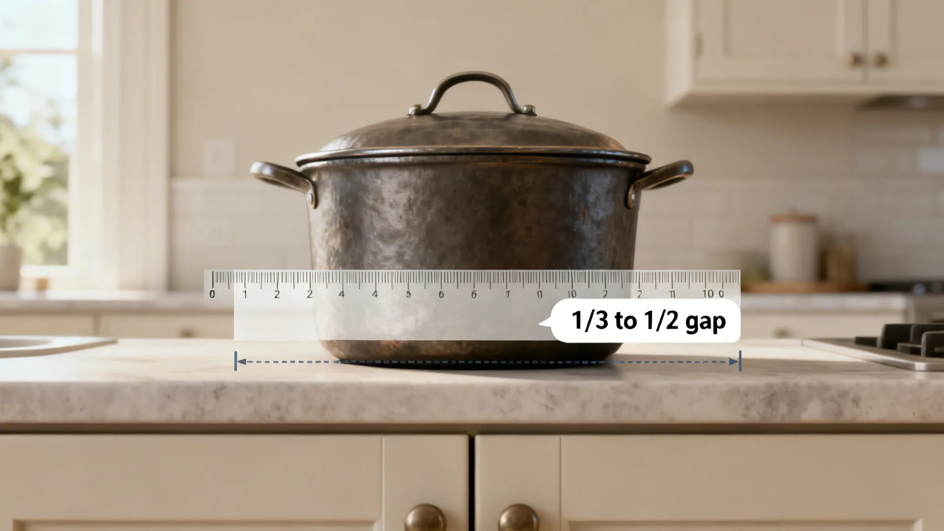 A metal cooking pot on a white kitchen counter with a ruler measuring the gap