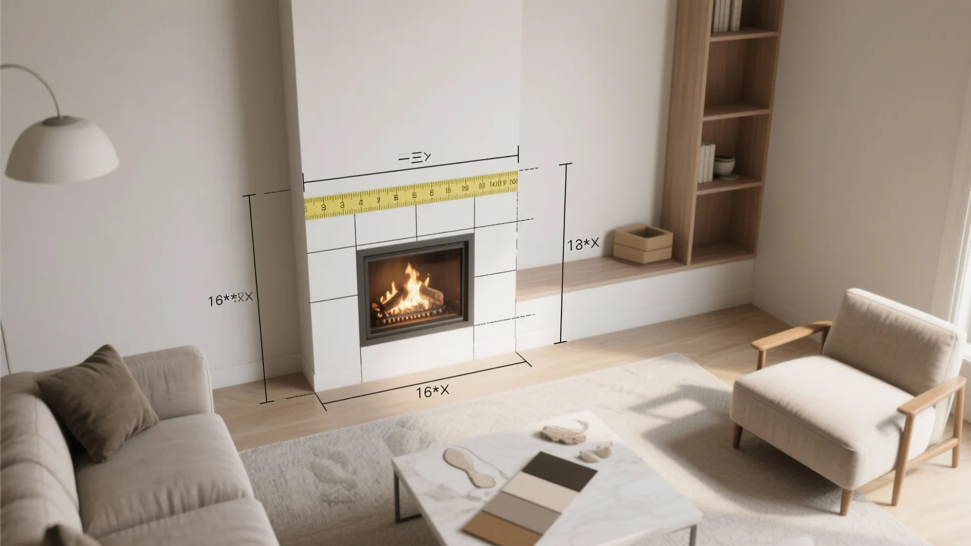 Living room interior design drawing showing fireplace measurements with a yellow ruler and furniture layout