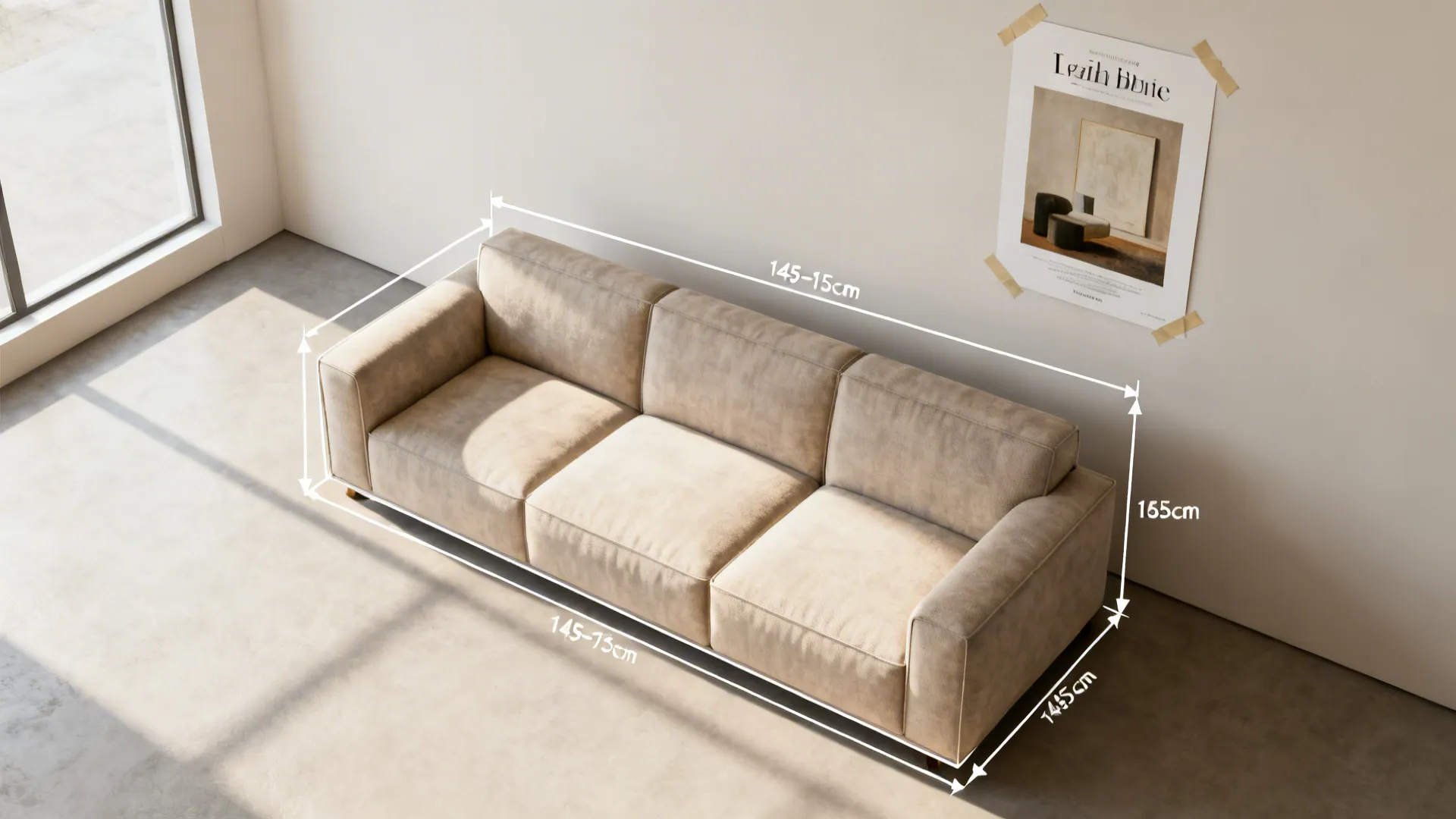 Top-down mockup guide showing artwork two-thirds sofa width rule and hanging height center line.