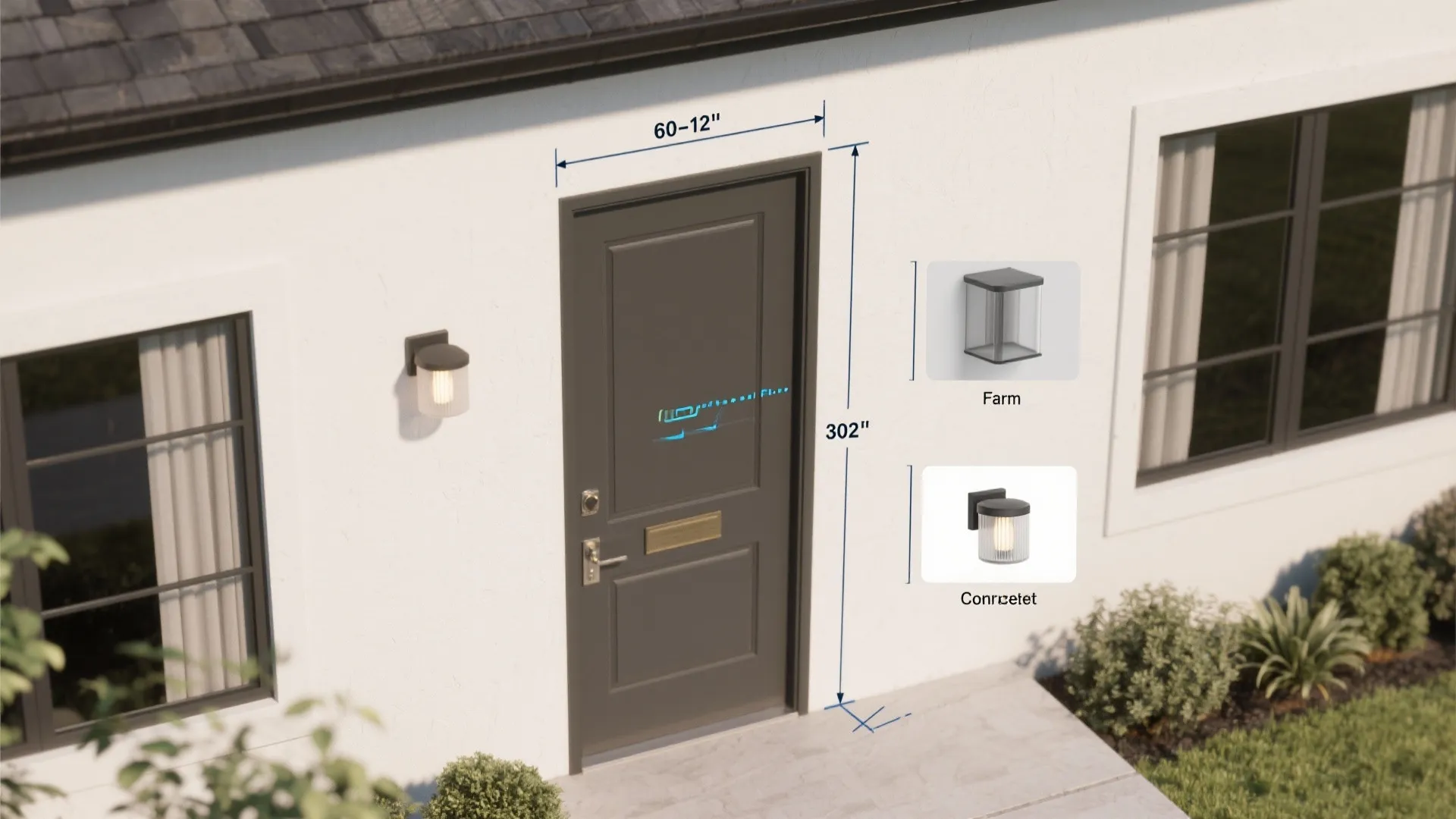 Infographic showing measurements for a dark front door with wall light fixtures and large windows