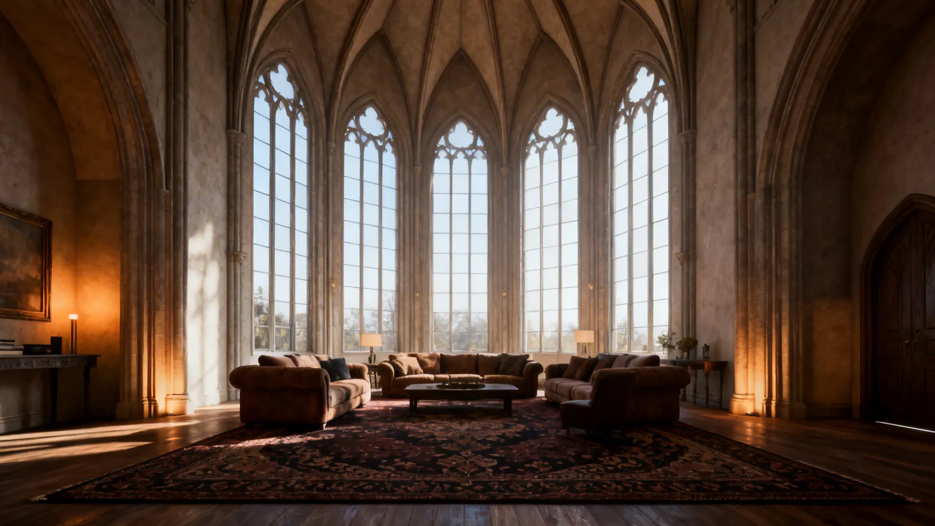 Cathedral-ceiling living room grounded by a deep-toned large rug with appropriately scaled pattern.