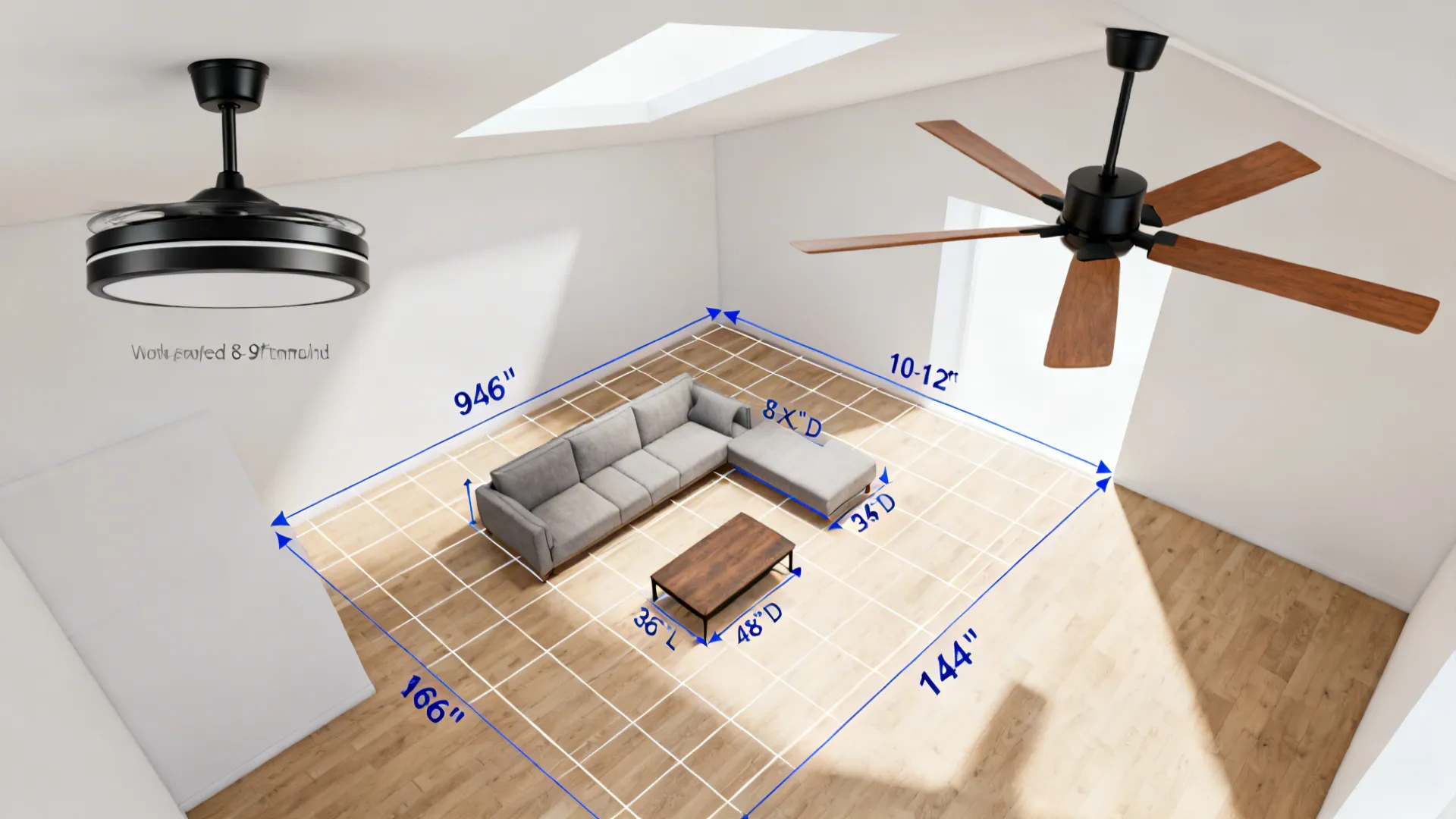Top-down room layout showing correct fan sizes and placement for different ceiling heights