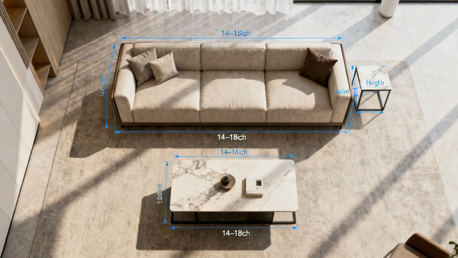 Top-down room layout showing sofa, coffee table and end table footprint guides with recommended dimensions.