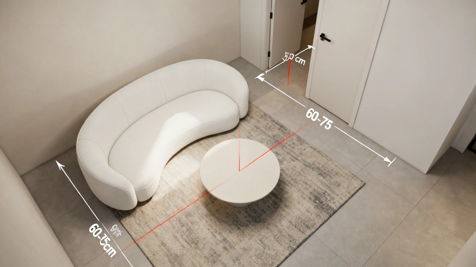 Top-down layout of a small room with a compact white curved loveseat and measured circulation space
