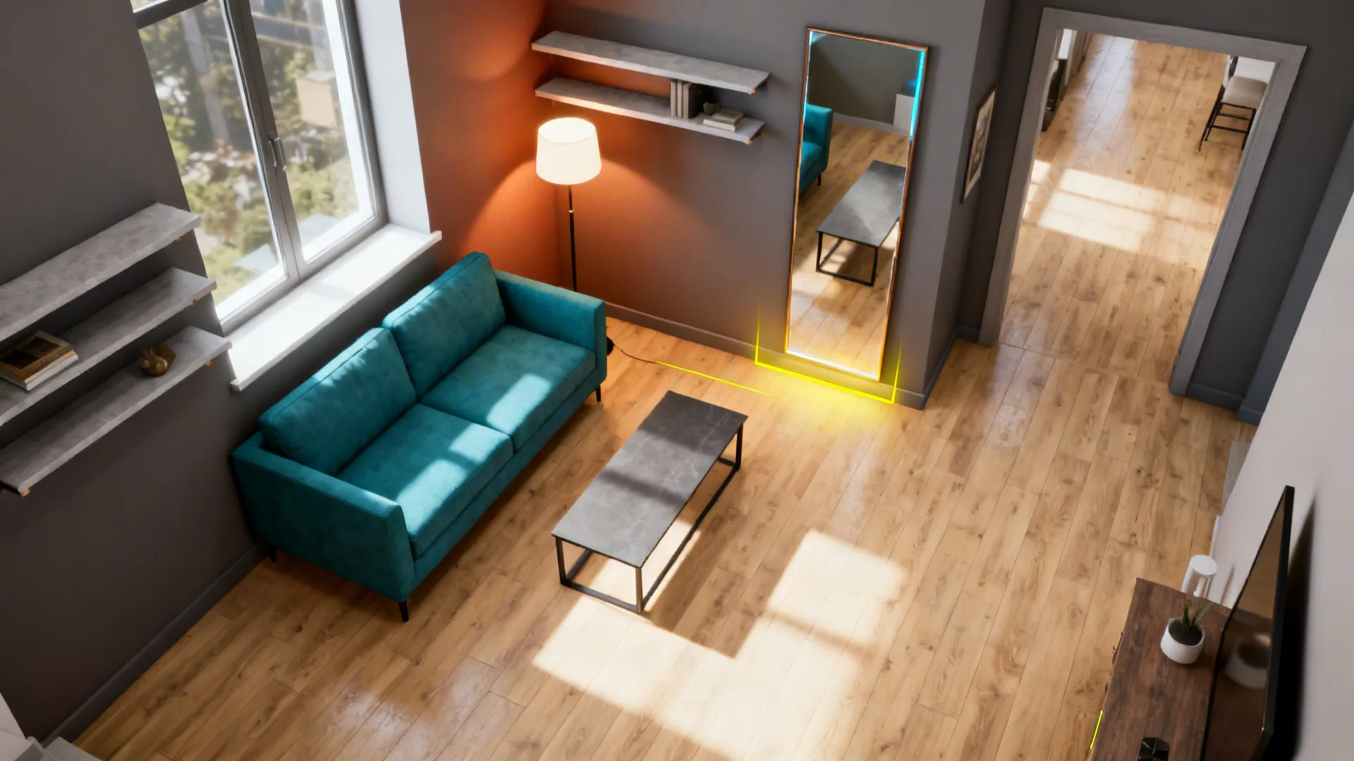 Top-down layout showing teal furniture balanced with slim yellow accents and mirror to maximize light
