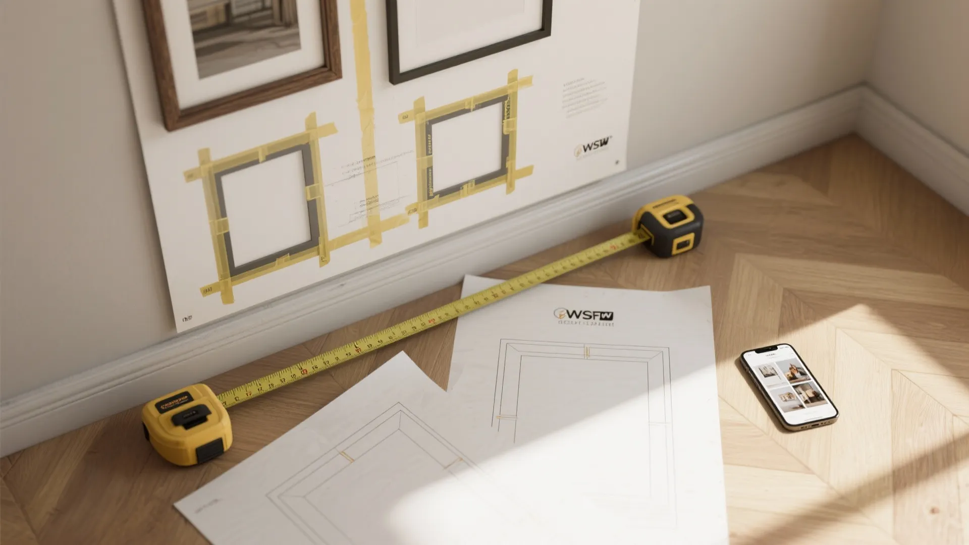 Top-down view of painter's tape outlines, paper templates, measuring tape and phone used to test art scale.