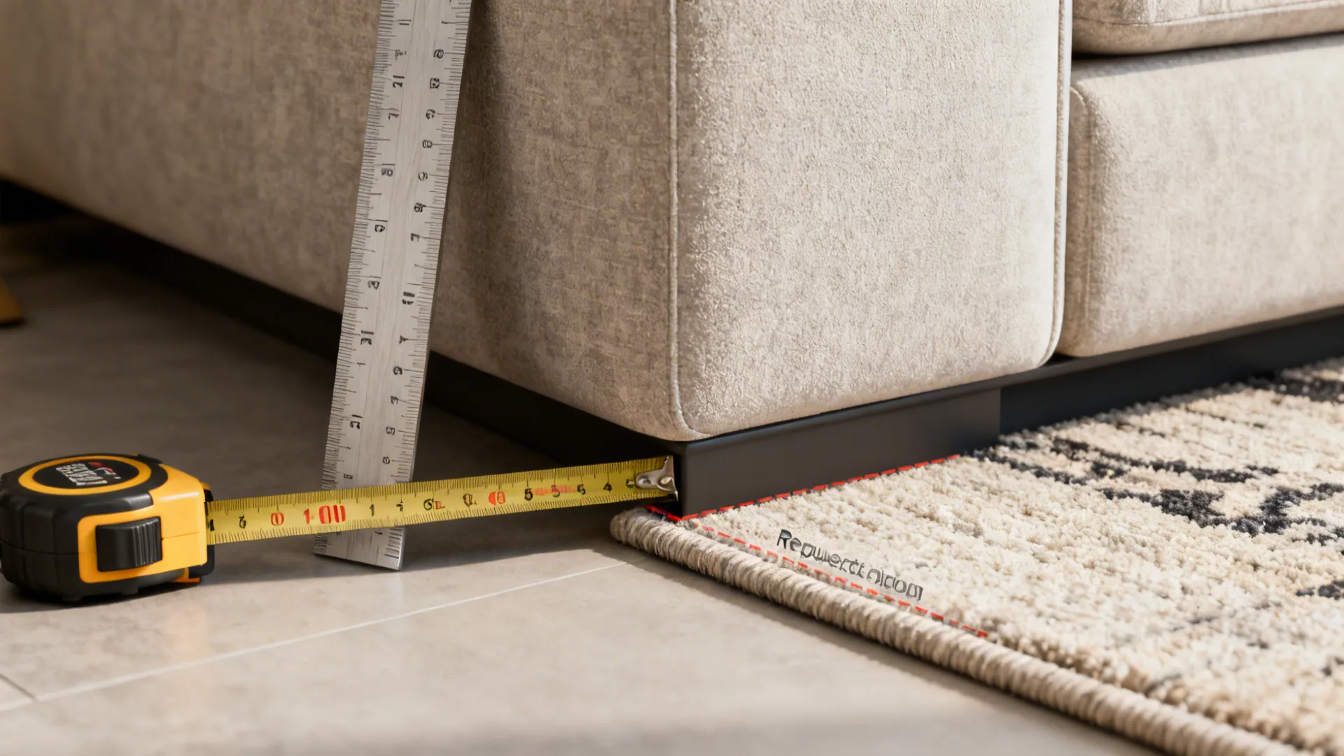 Close-up showing tape measure, sofa seat height and rug edge to illustrate circulation and scale guidelines.