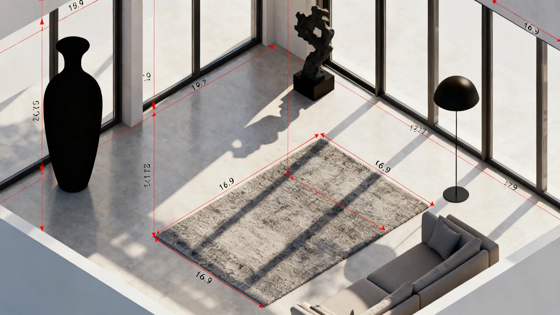 Top-down floorplan mockup showing scaled large decor and circulation paths for layout testing.