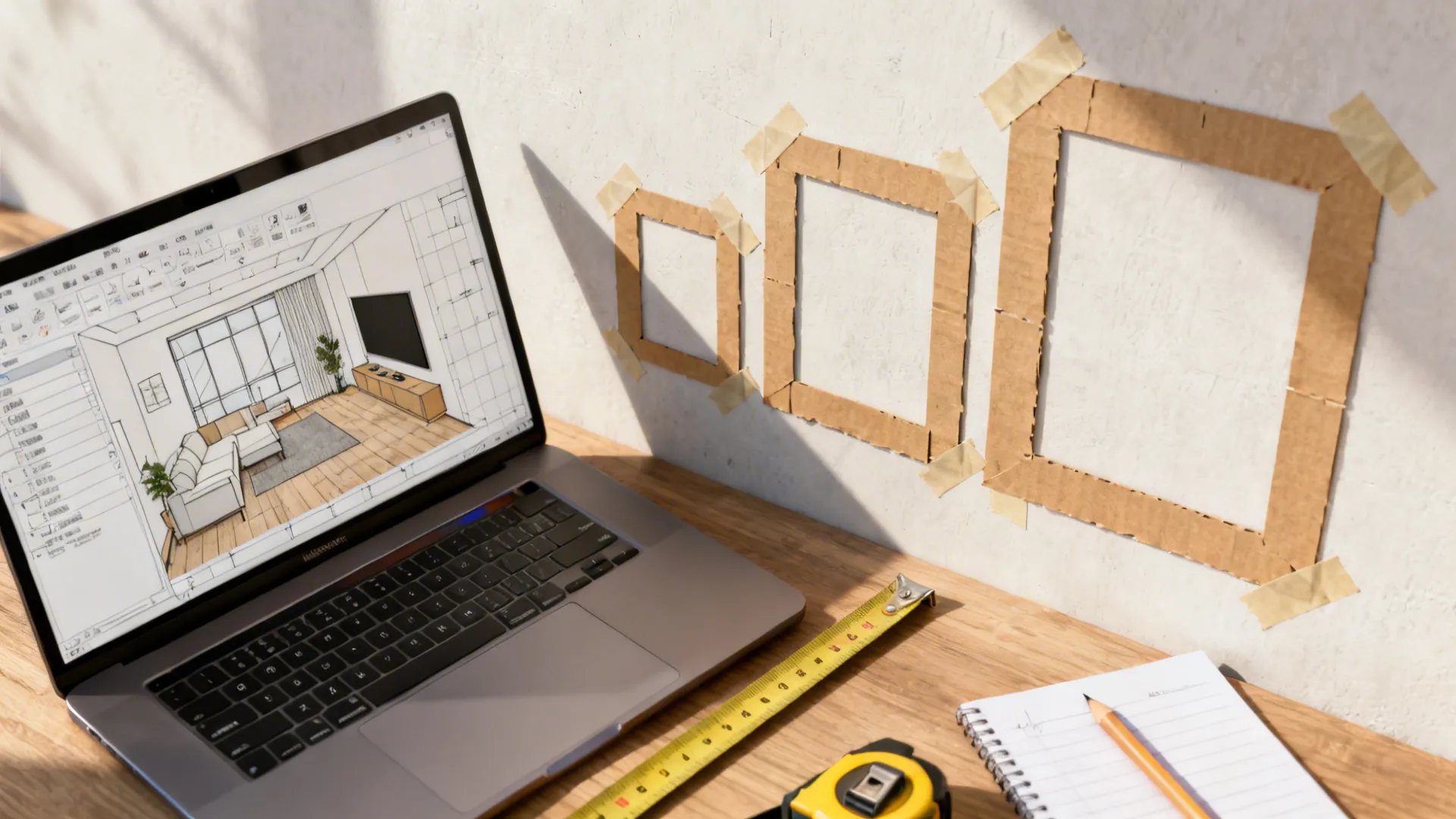 Top-down planning scene with kraft paper frame mockups, measuring tape and a laptop room planner.