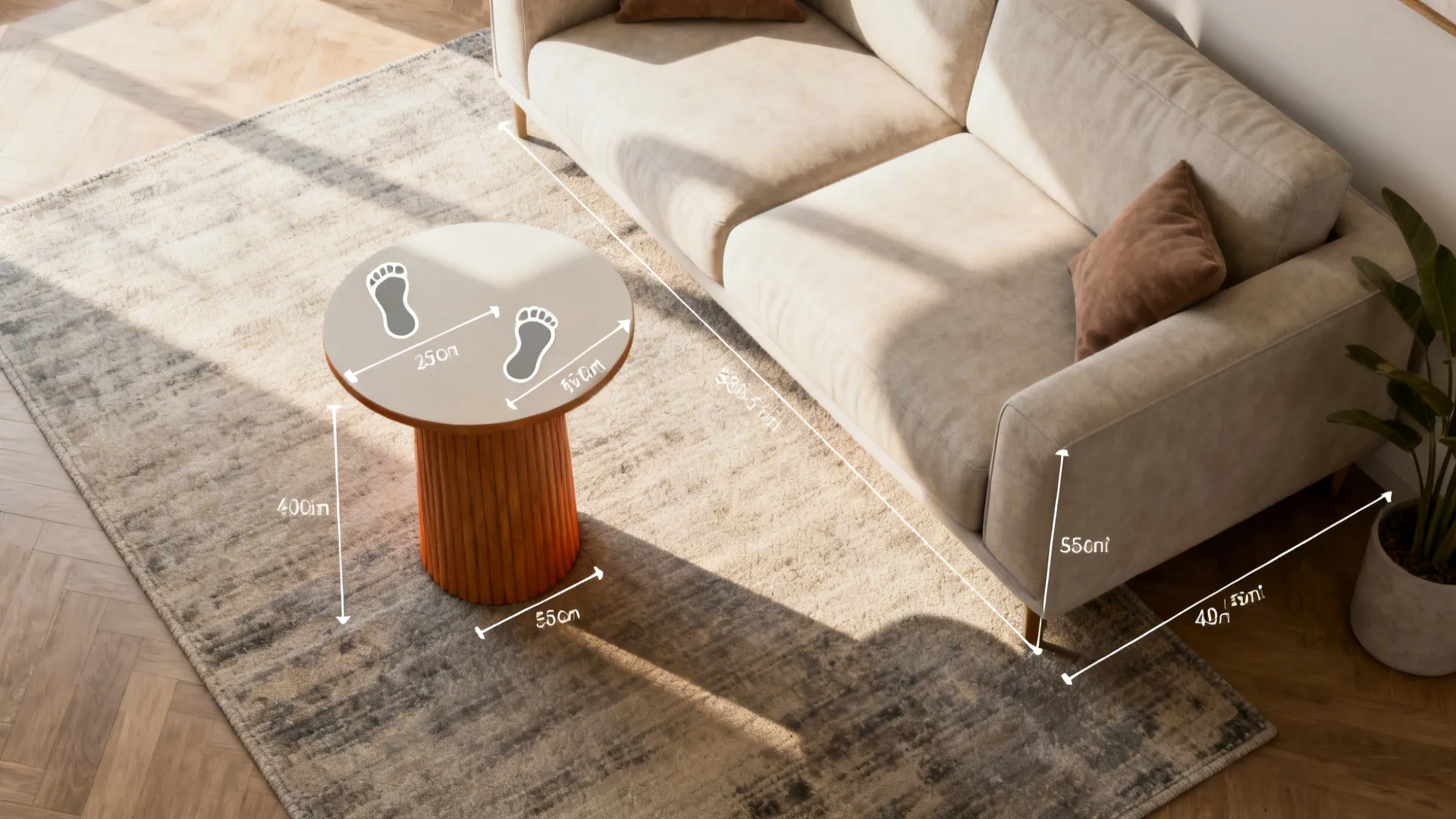Living room scene with cream sofa and round side table showing dimension measurements on the rug