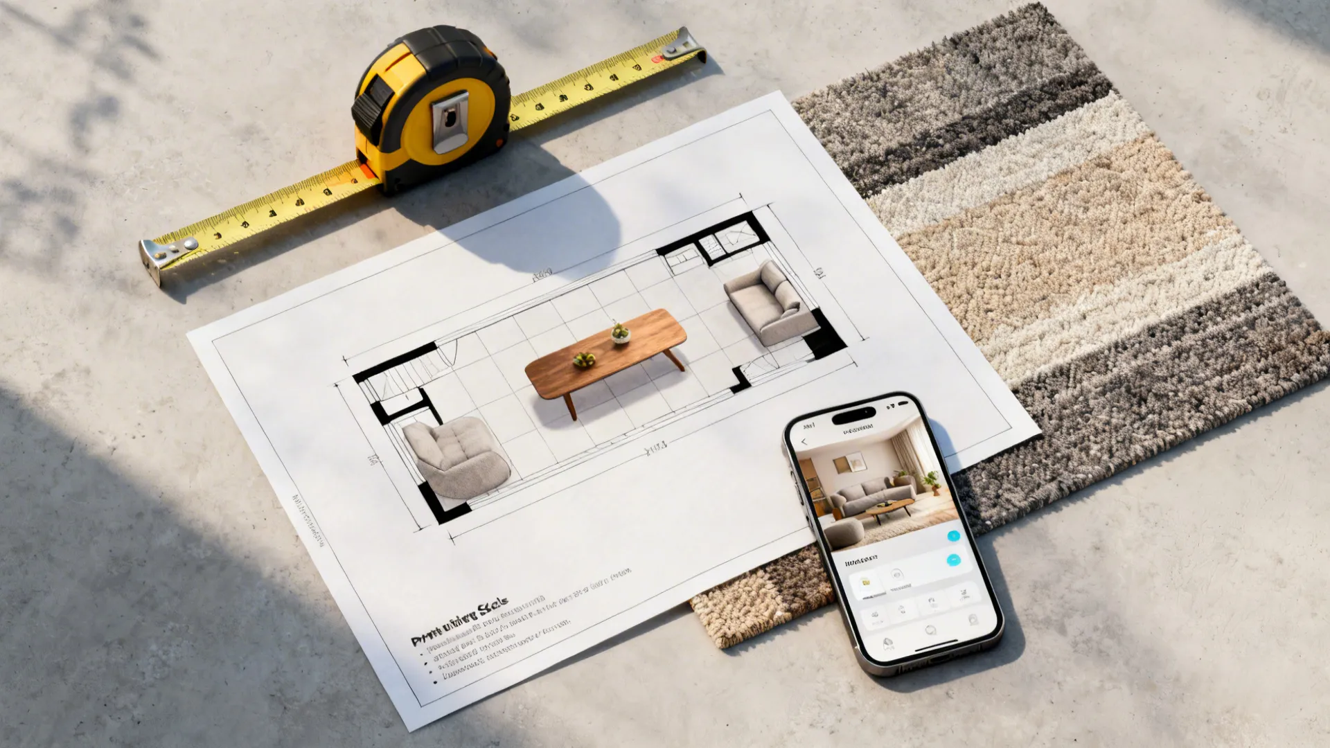 Top-down view of a living room mockup with measuring tape, scale template, and a room planner on a phone.