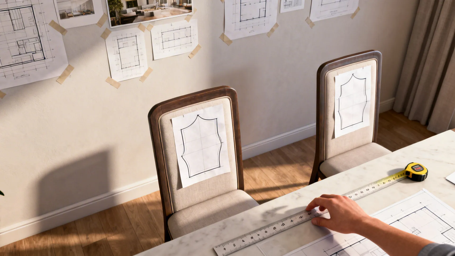 Top-down mockup of measuring and paper templates for testing artwork scale above a dining table