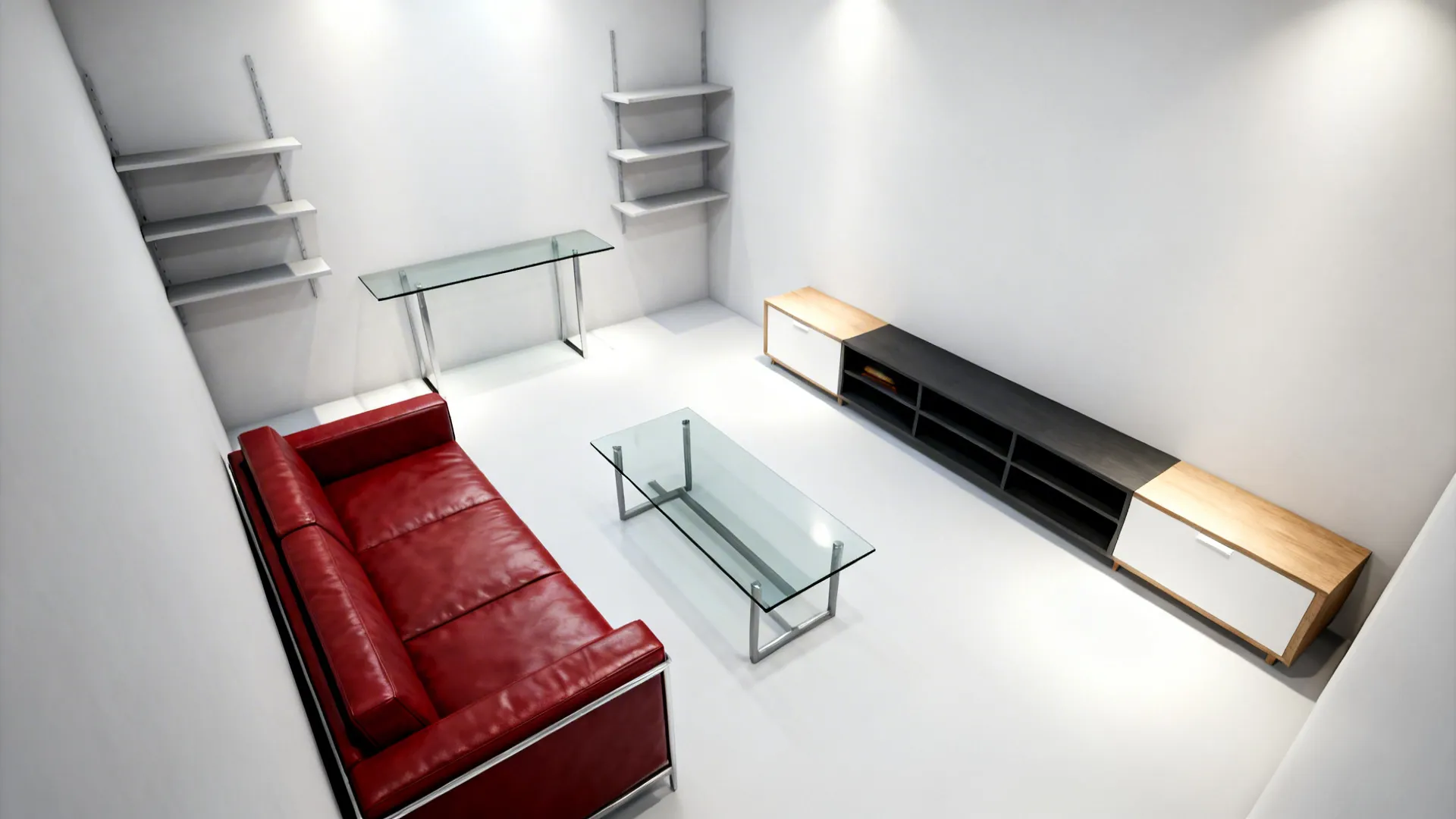 Small living room plan showing a red couch with slim furniture and clear traffic paths to emphasize negative space.