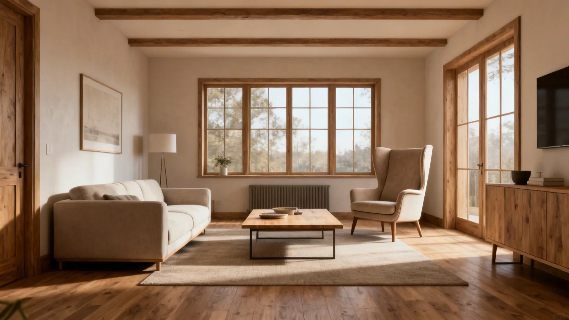 Living room demonstrating proper furniture scale: low sofa and a taller-backed chair creating balance.