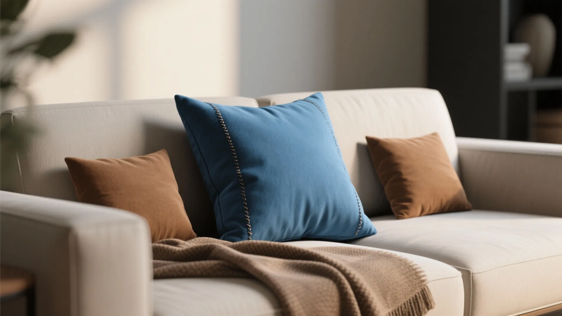 5. Play with scale: oversized blue lumbar + small brown squares