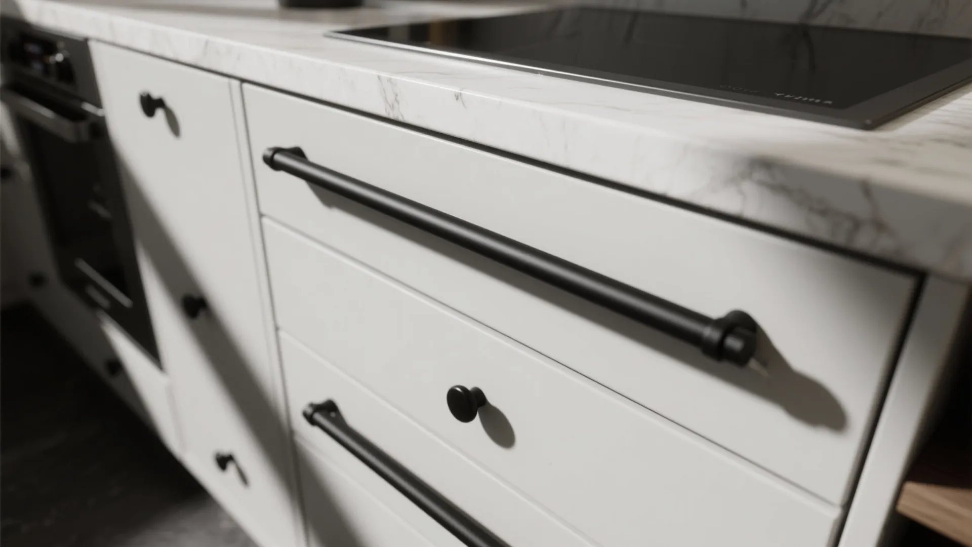 Close up of white marble kitchen countertop with black metal cabinet handles and modern stove