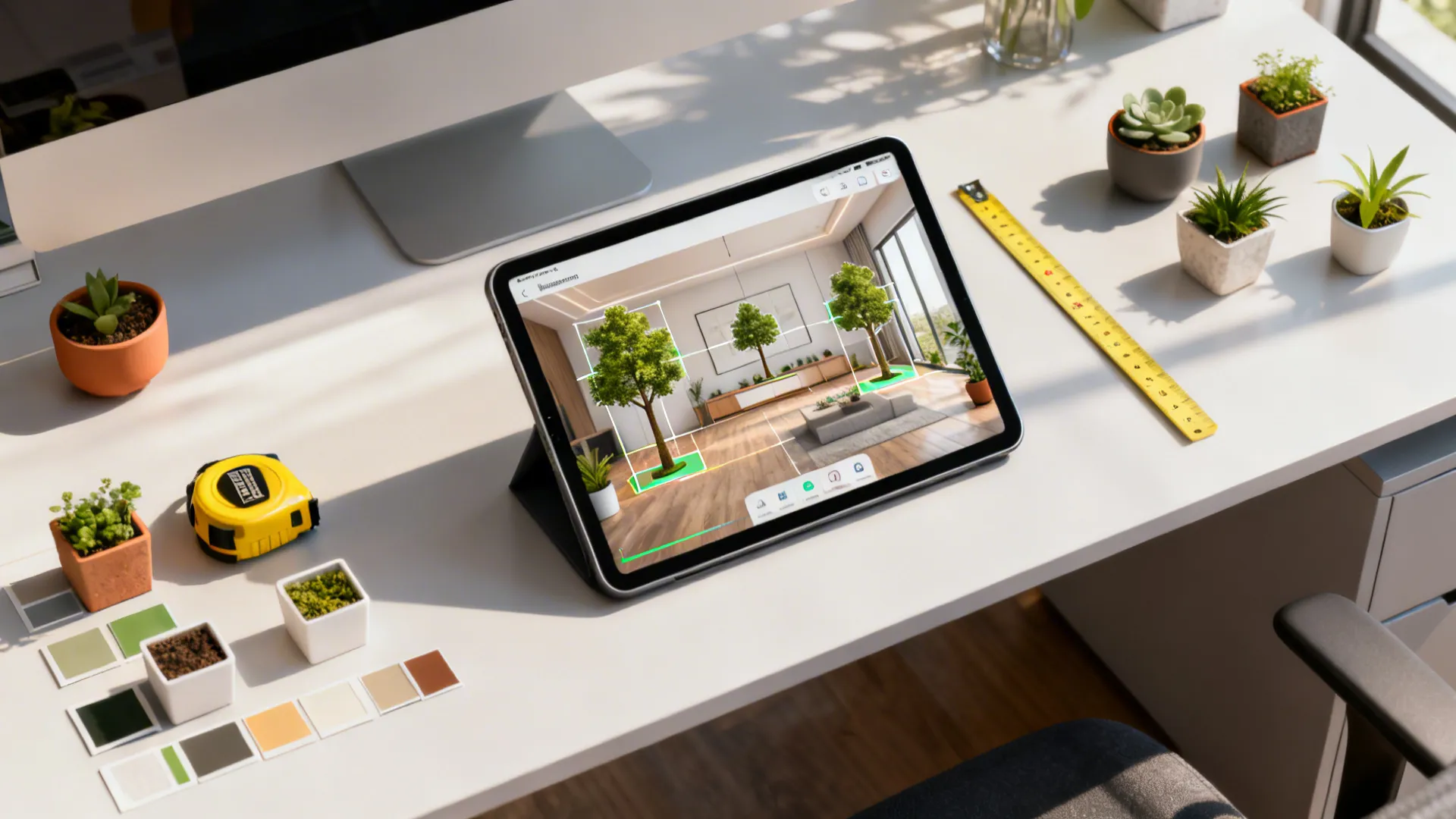 Top-down view of a tablet with a room planner, measuring tape and planter samples for testing scale