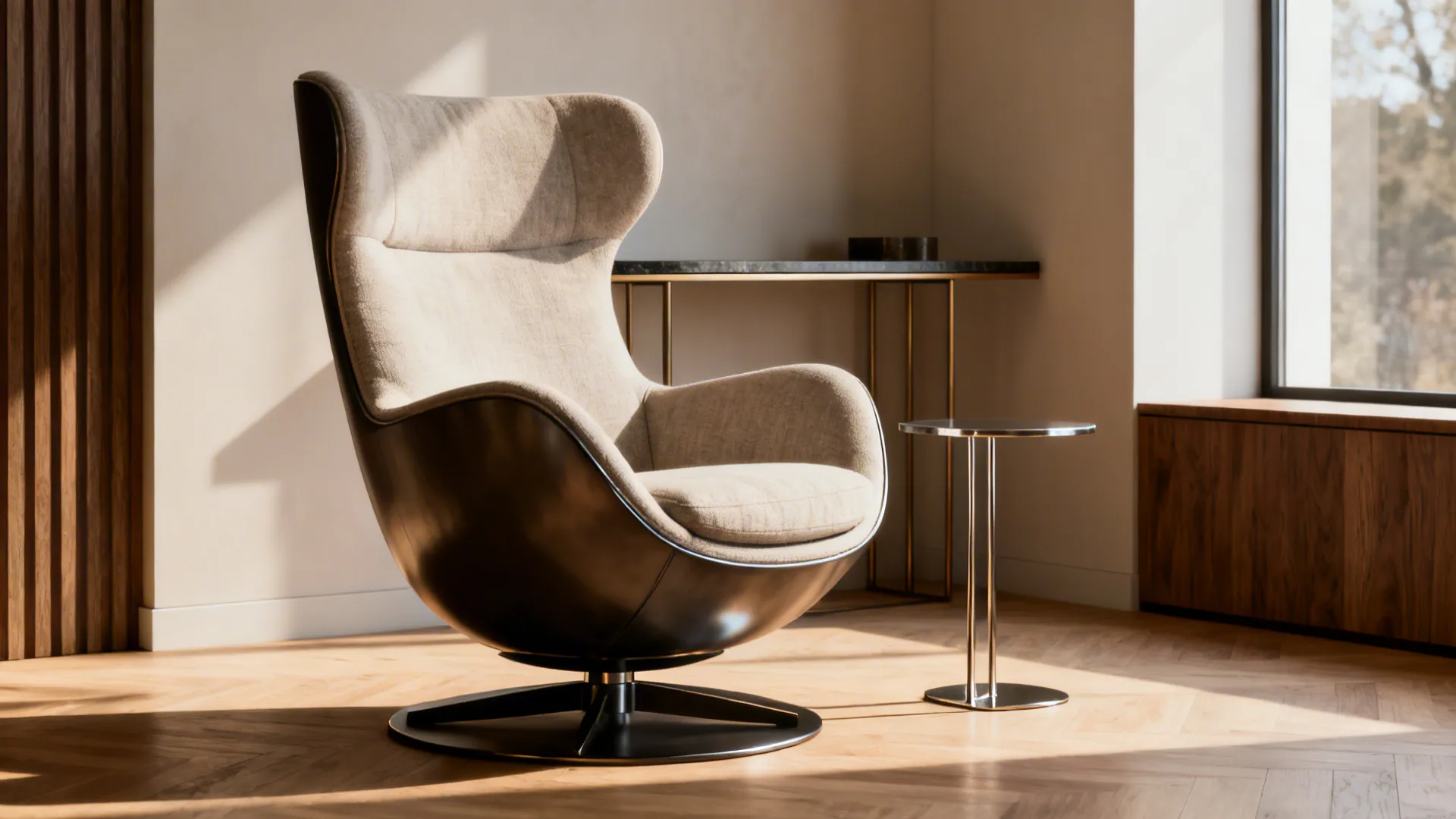Large swivel chair beside a petite metal side table and slim console, illustrating scale contrast.