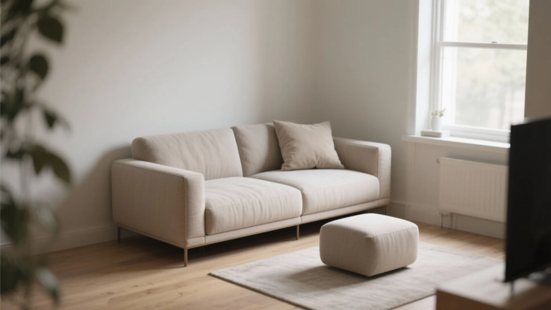 Minimalist living room with a cream sofa, square footrest, wooden floor, and a bright window