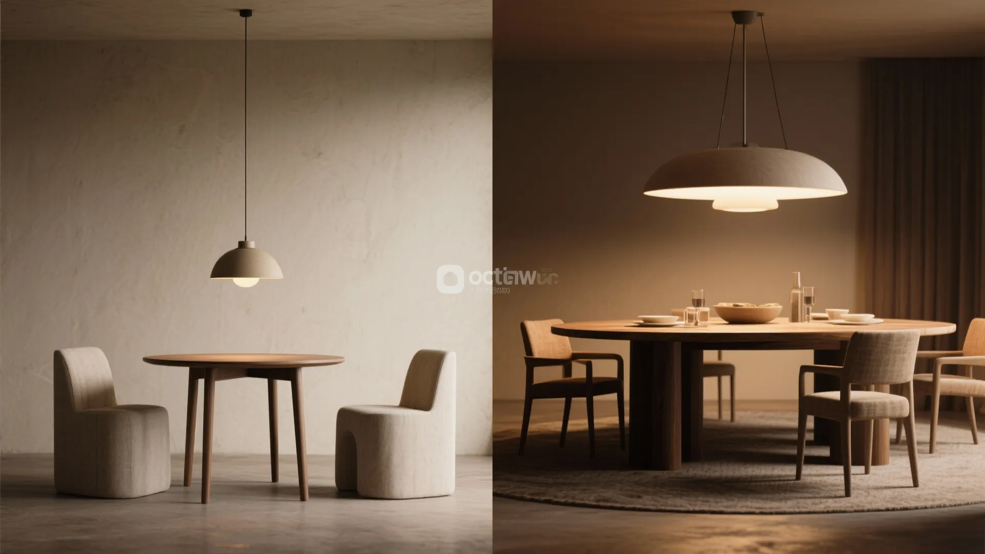 Comparison of a small table with a lower pendant and a large table with a larger, higher fixture showing scale and proportion.