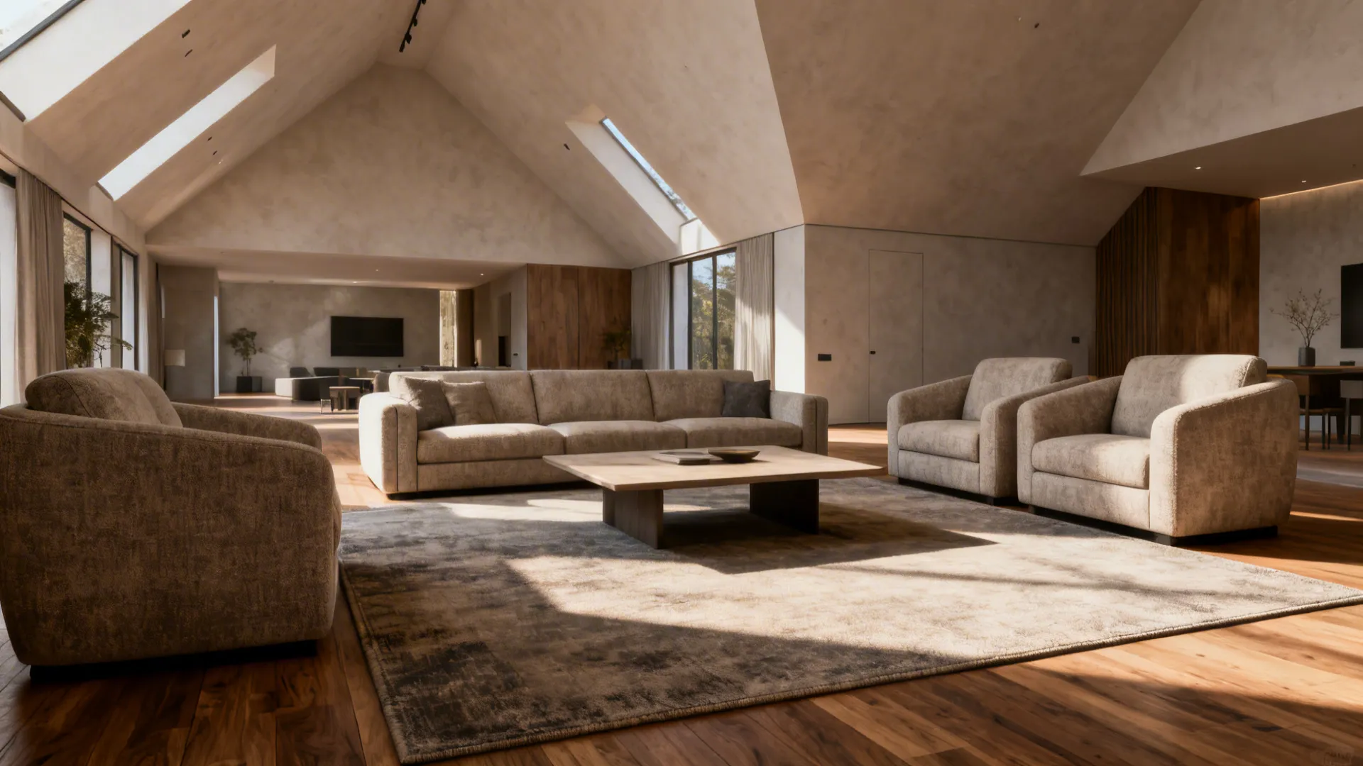 Spacious vaulted living room with a large sectional and paired armchairs showing proper scale