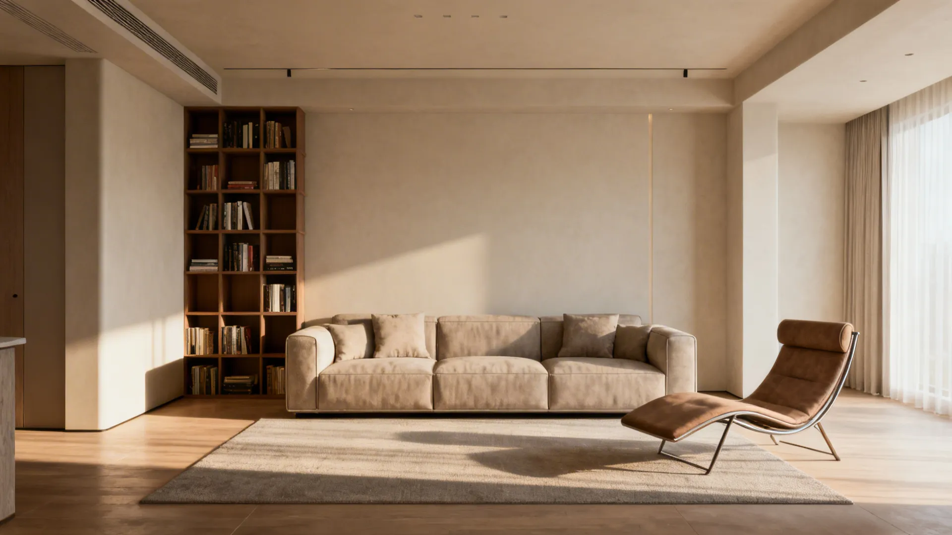 Living room showing balanced furniture scale with a sofa filling the main wall and a slender lounge chair.