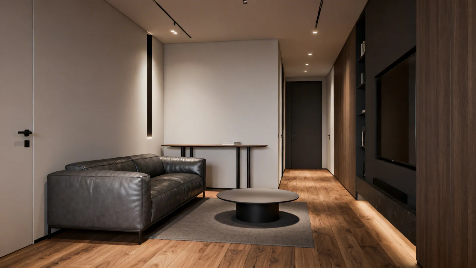 Narrow apartment layout with grey leather sofa, slim console and round coffee table