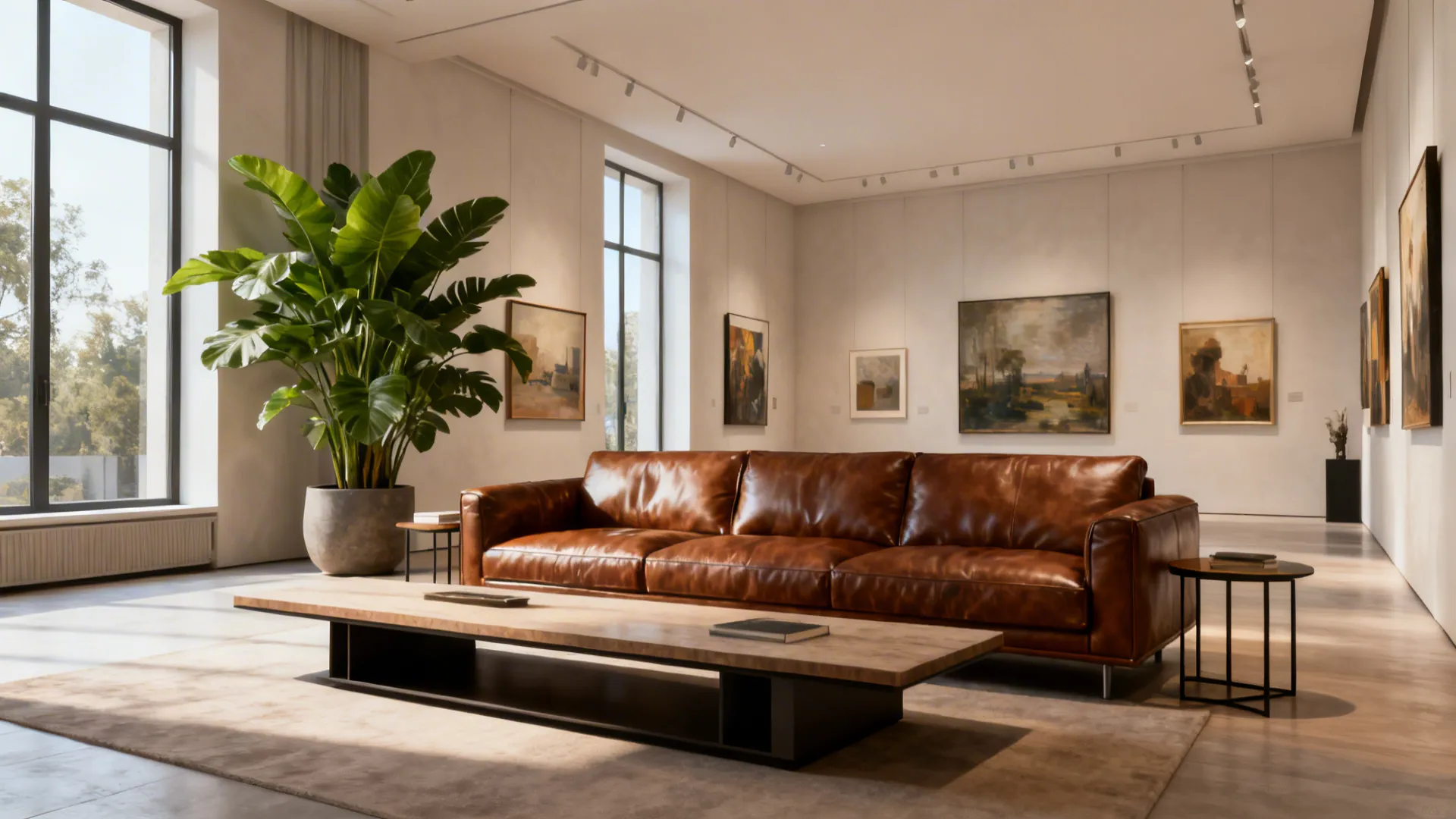Room showing balanced scale with a large brown leather couch, long low console and oversized plant.
