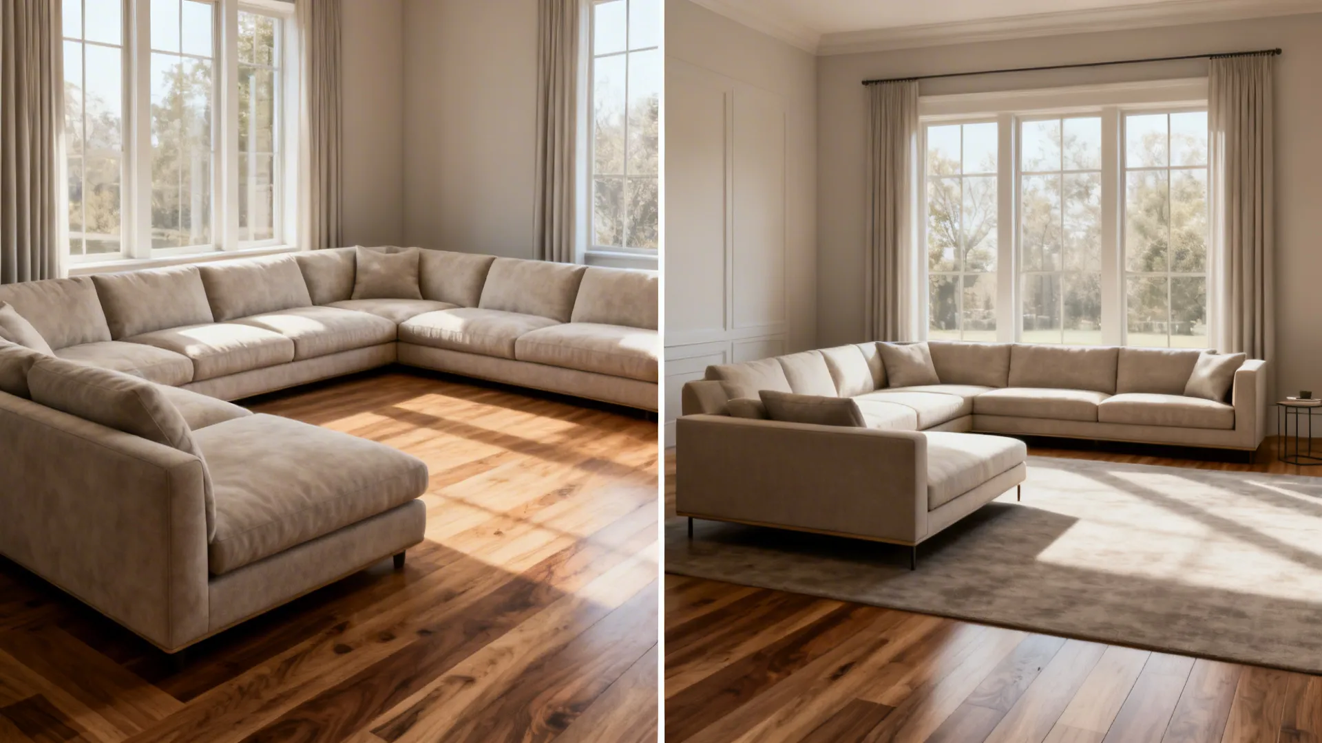 Comparison of oversized versus correctly scaled sectionals in open-plan rooms