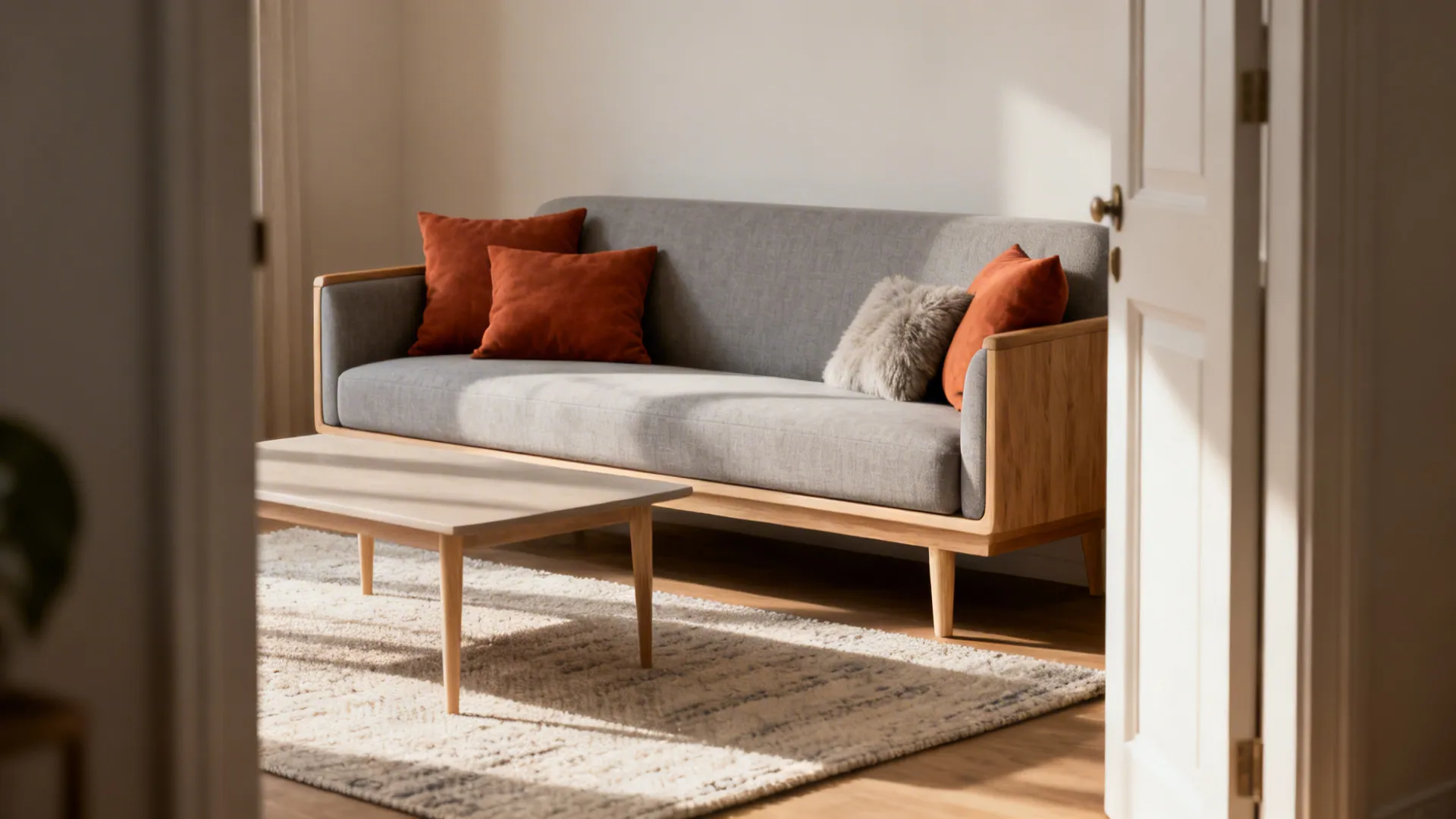 Small living room showing slim-armed sofa with exposed legs and shallow coffee table to highlight scale